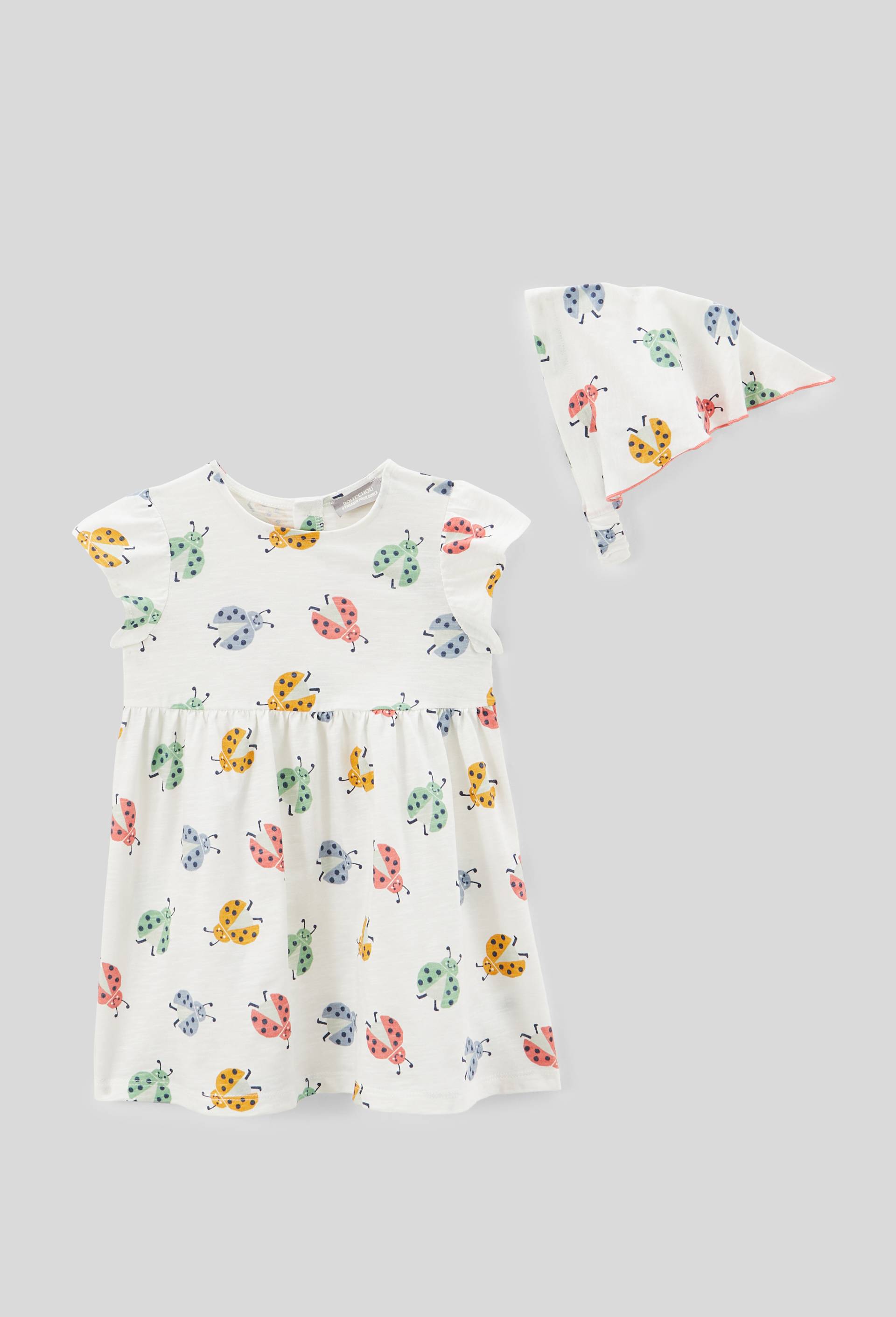 Robe avec fichu imprimés en coton BIO GOTS, Beige clair, large image number 0