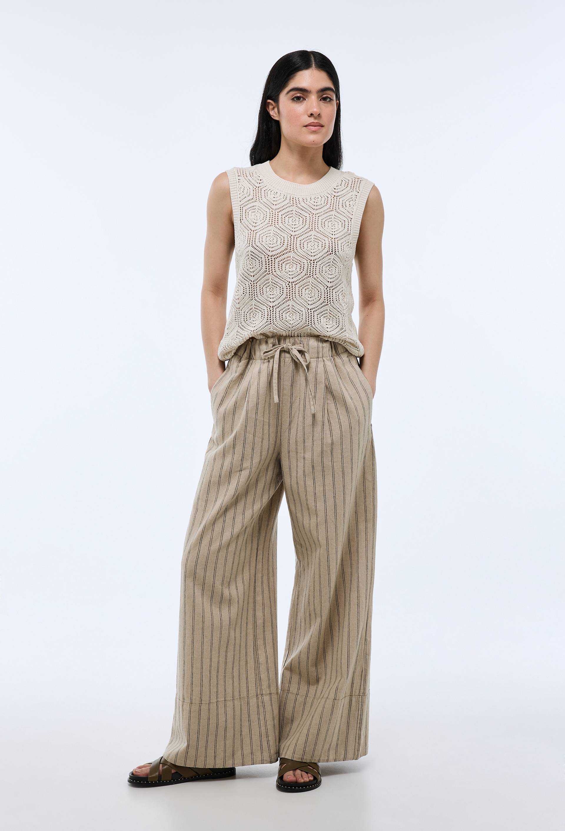 Pantalon ray&eacute; taille &eacute;lastiqu&eacute; large en lin et coton, Beige clair, large image number 0