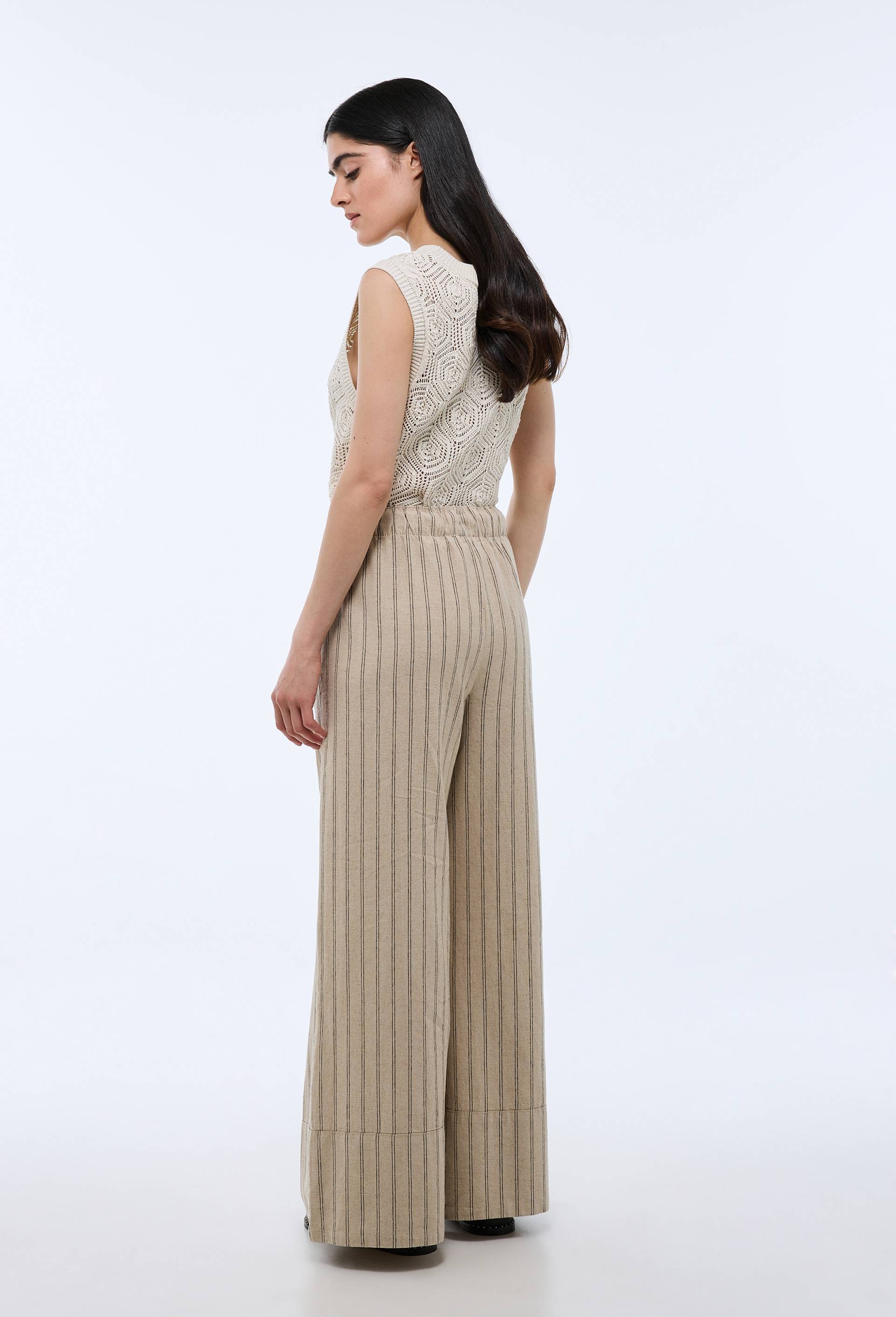 Pantalon ray&eacute; taille &eacute;lastiqu&eacute; large en lin et coton, Beige clair, large image number 1.0