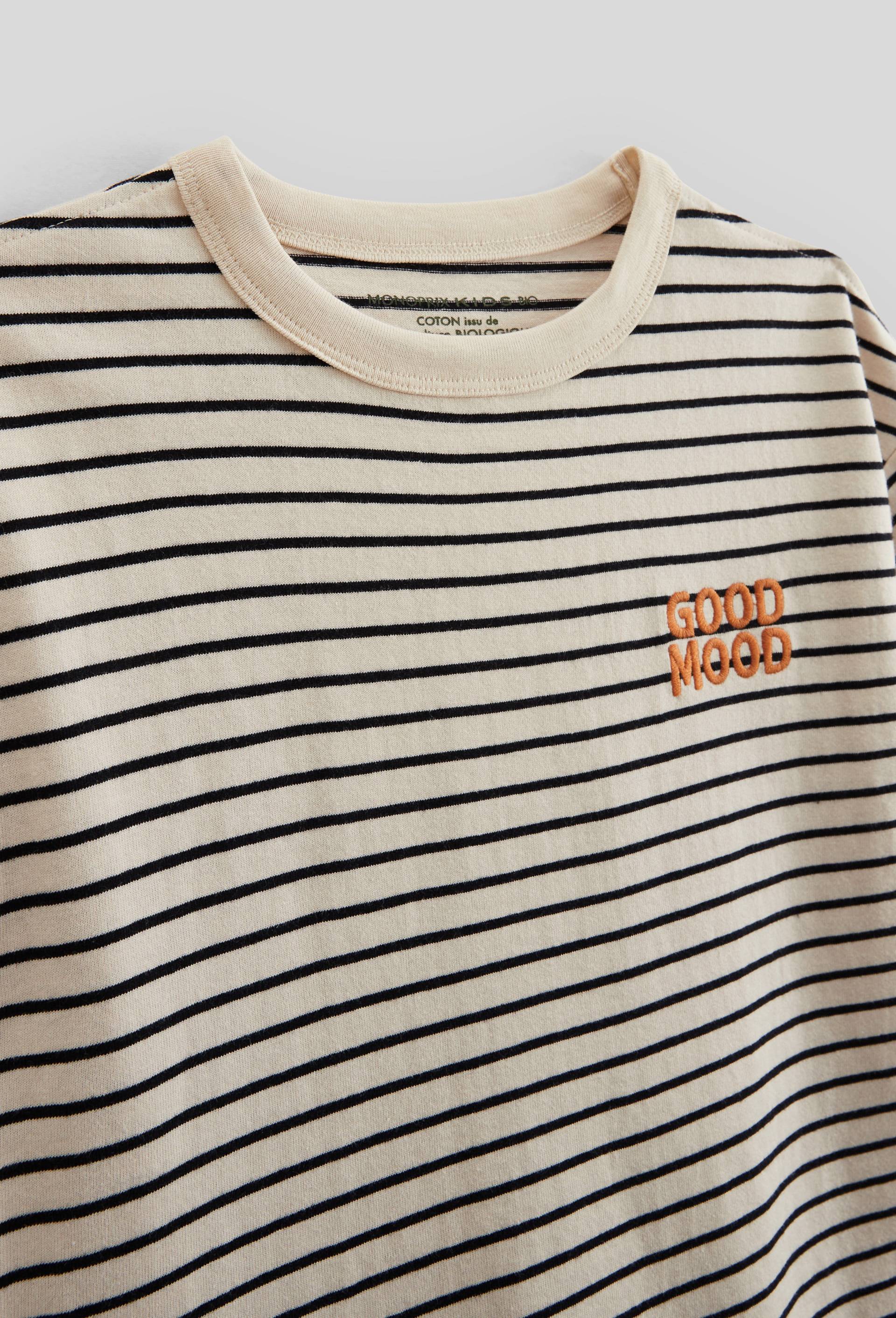 T-shirt manches courtes ray&eacute; en coton BIO GOTS, Beige clair, large image number 2