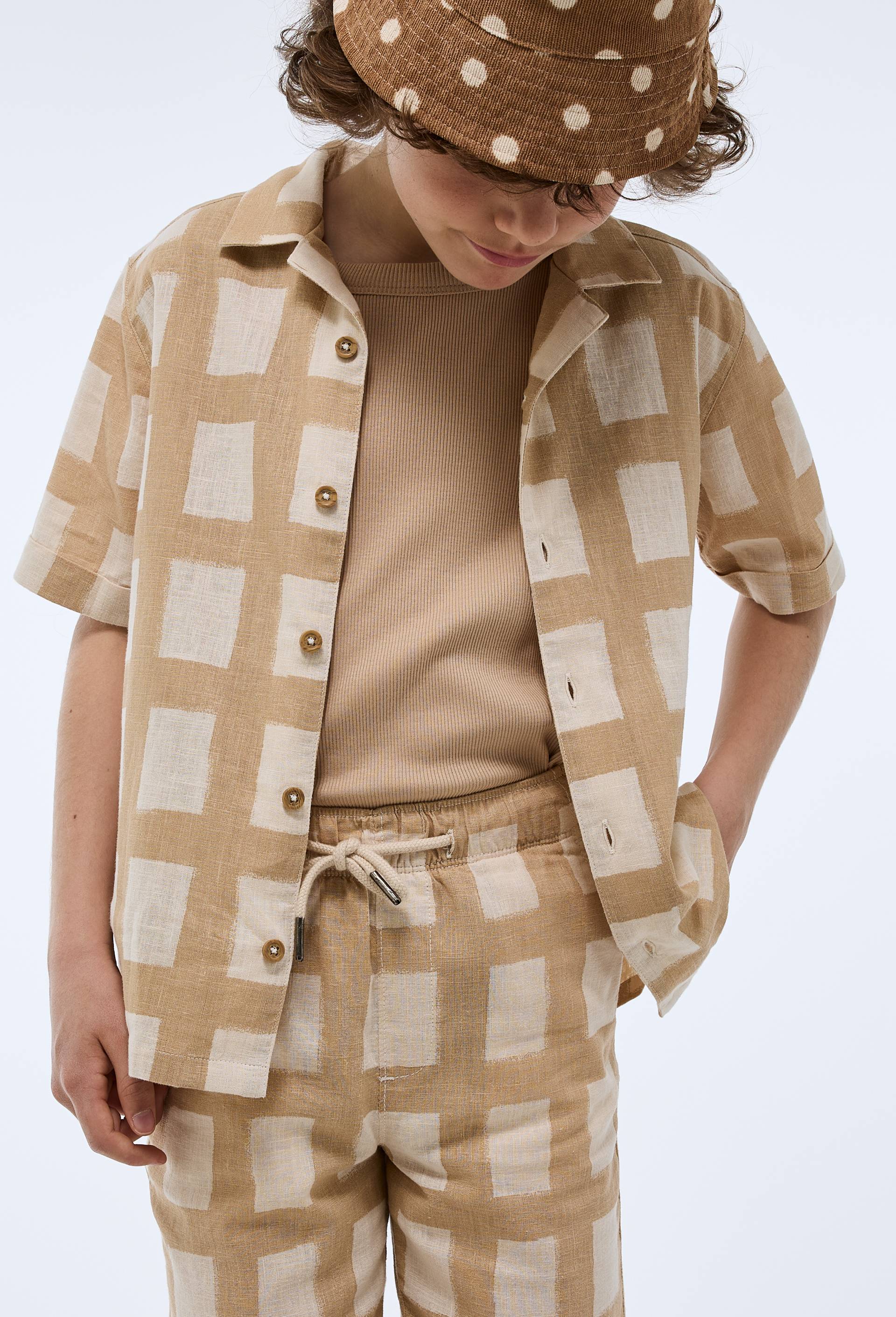 Chemise manches courtes &agrave; carreaux en lin et coton, Beige clair, large image number 3