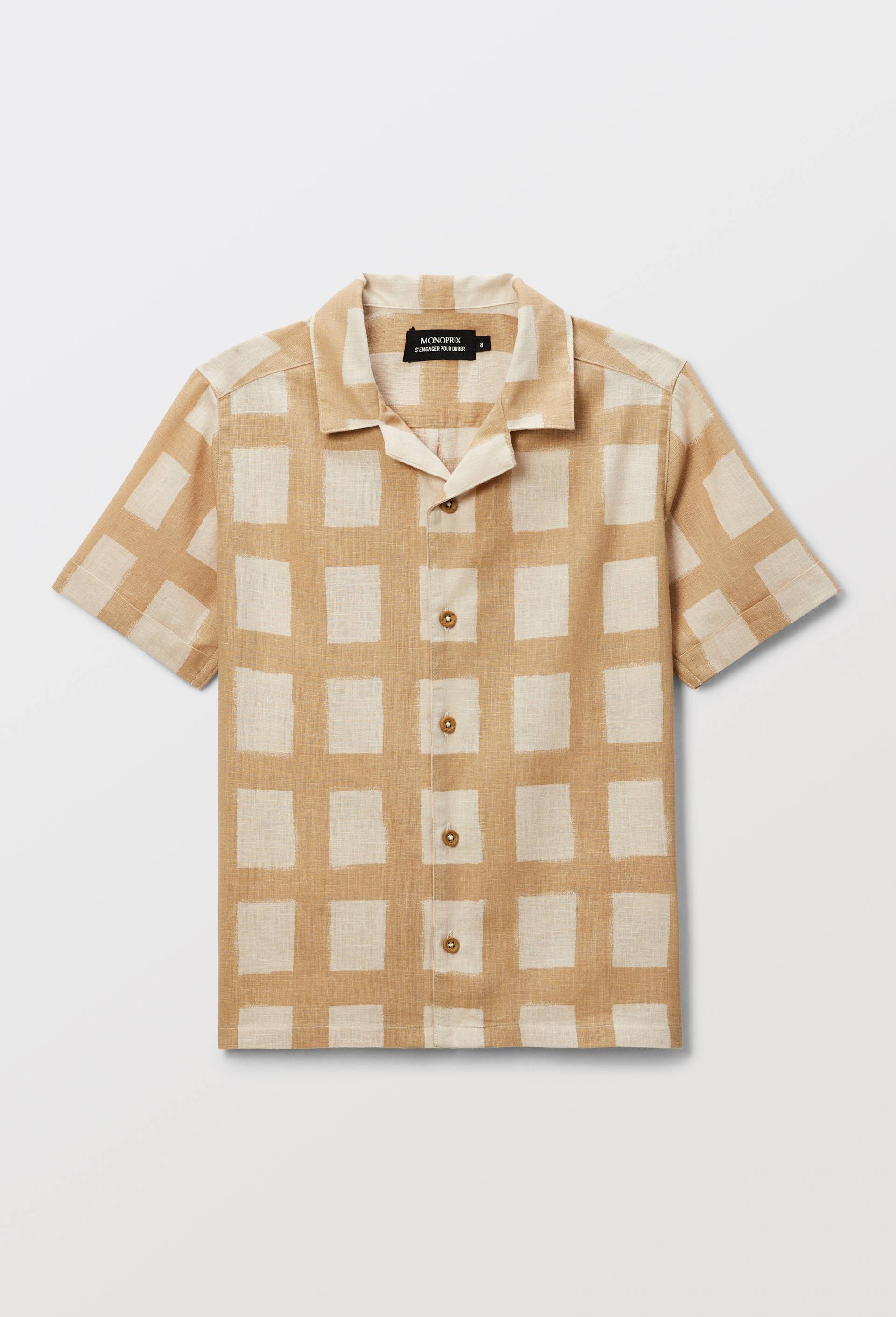 Chemise manches courtes &agrave; carreaux en lin et coton, Beige clair, large image number 4.0