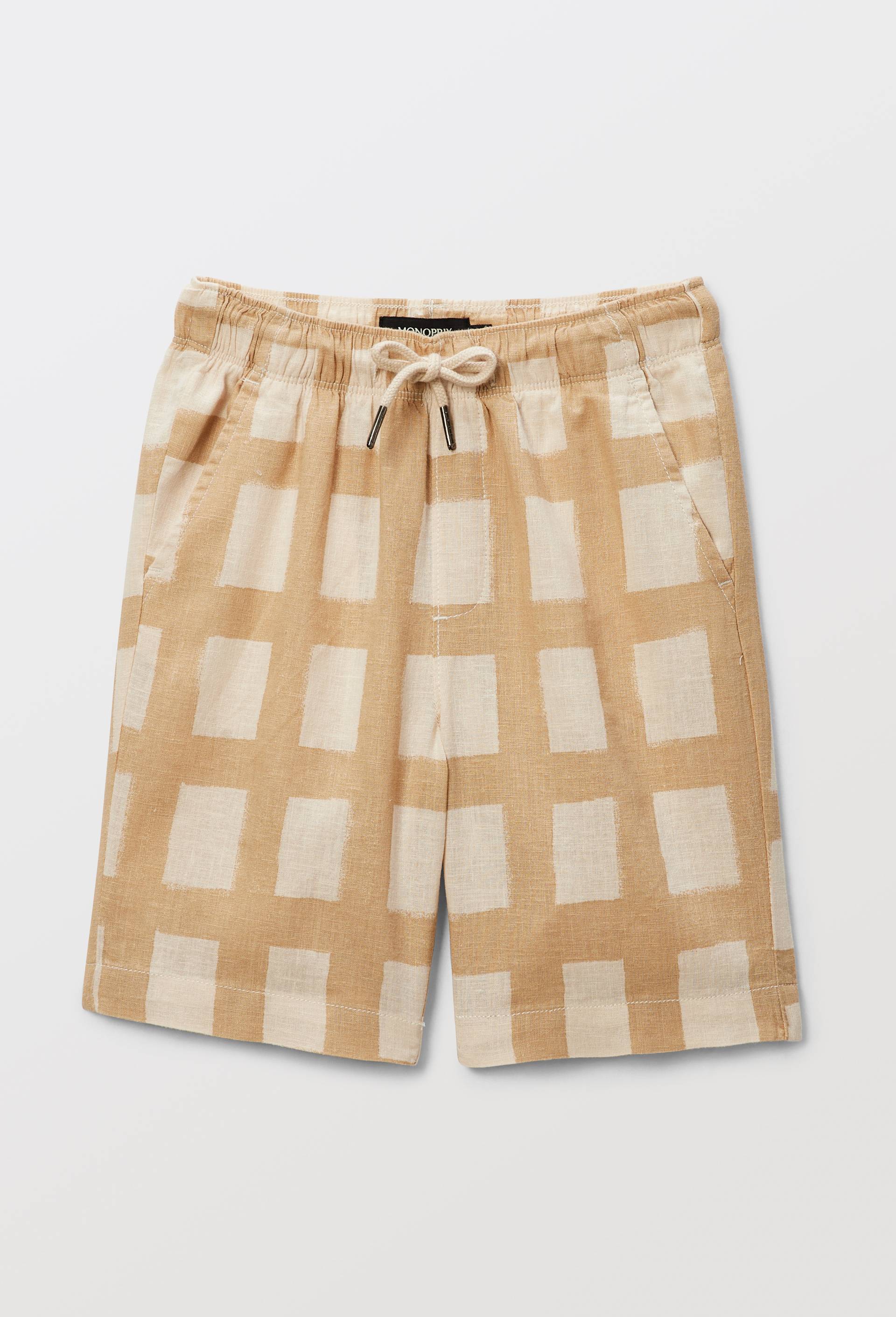 Short &eacute;lastiqu&eacute; imprim&eacute; en coton et lin, Beige clair, large image number 1