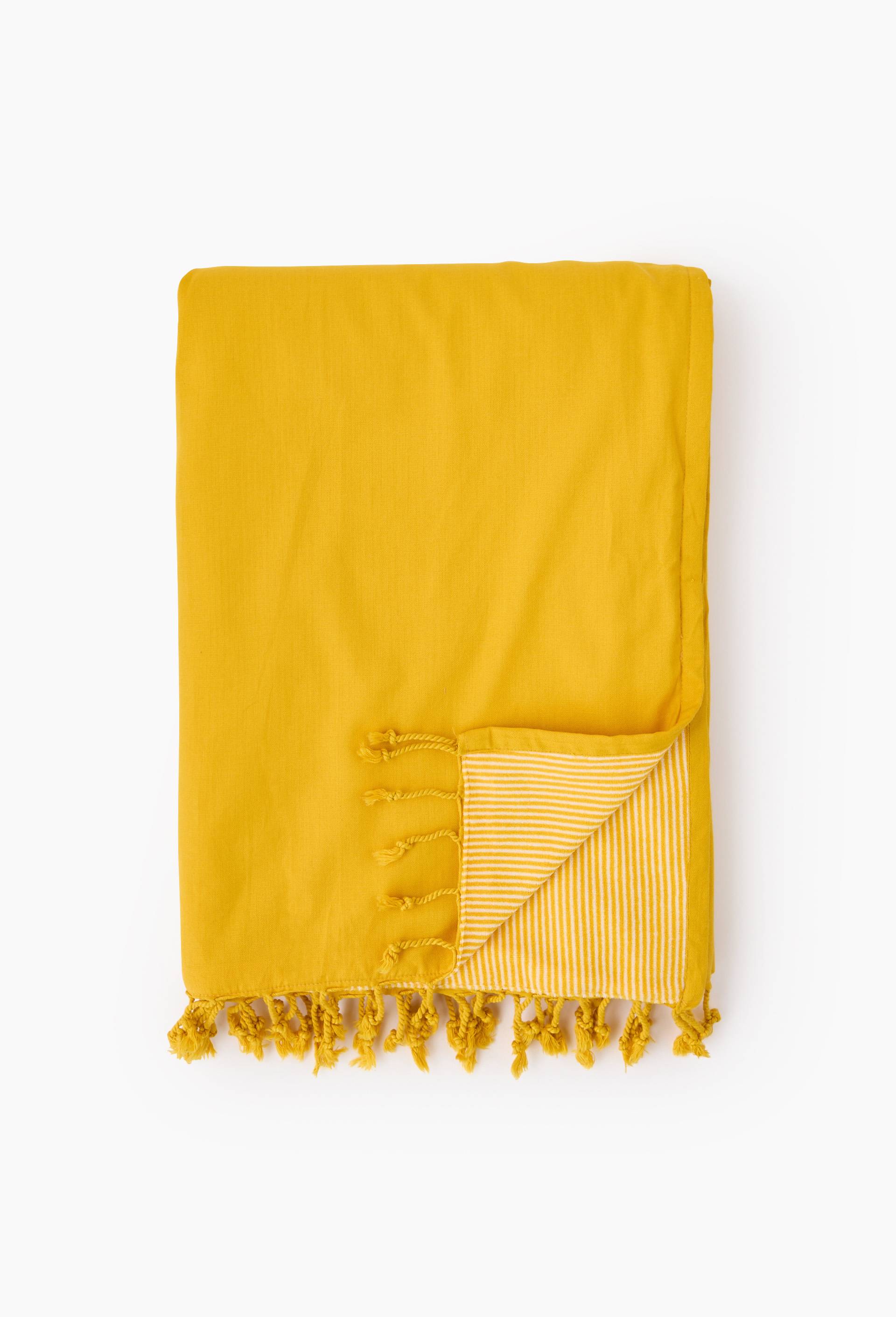 Fouta doubl&eacute;e en gaze de coton, 100x180cm. Ext&eacute;rieur en coton issu de l'agriculture biologique, doublure en &eacute;ponge ray&eacute;e, Jaune, large image number 0.0