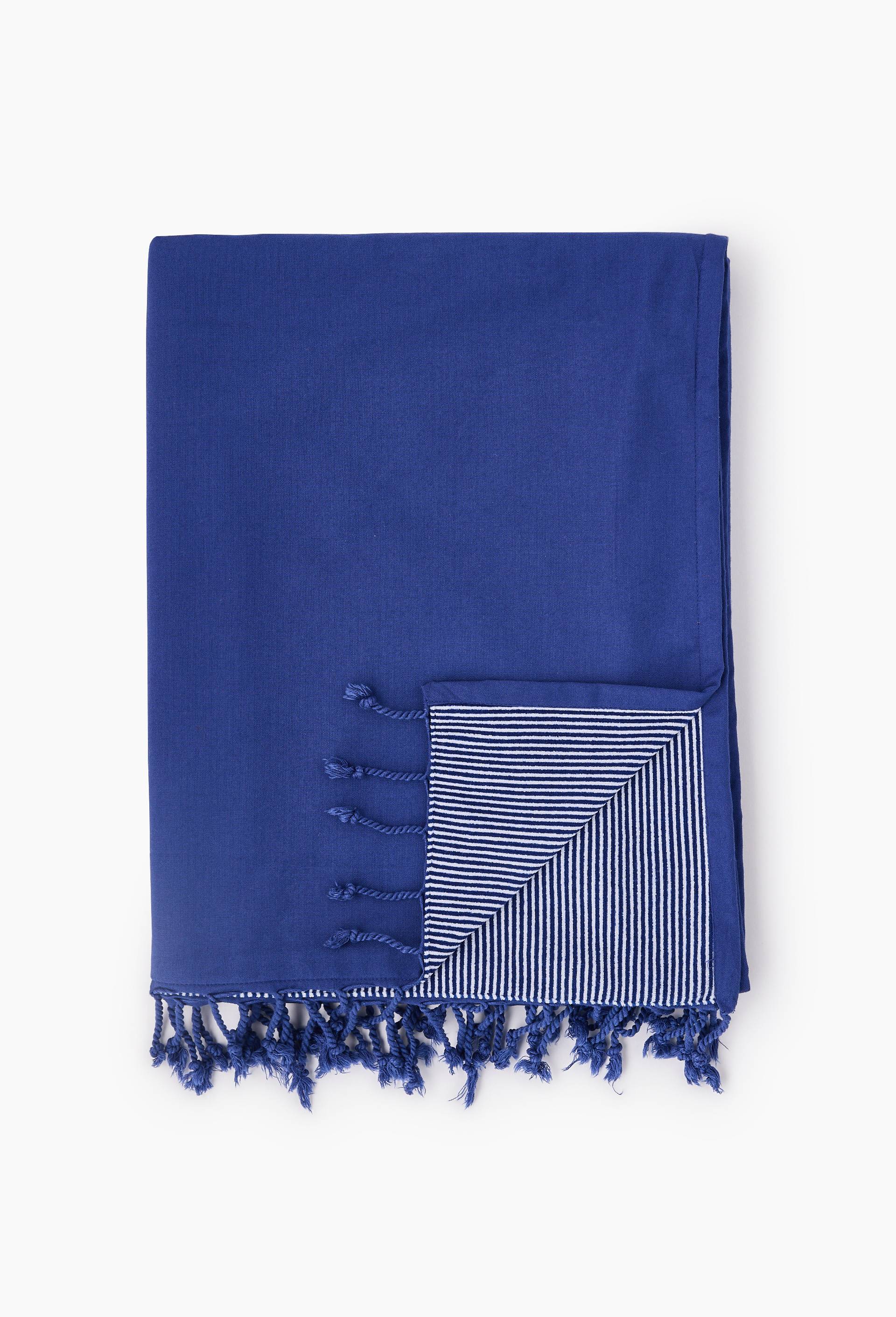Fouta doubl&eacute;e en gaze de coton, 100x180cm. Ext&eacute;rieur en coton issu de l'agriculture biologique, doublure en &eacute;ponge ray&eacute;e, Bleu, large image number 0