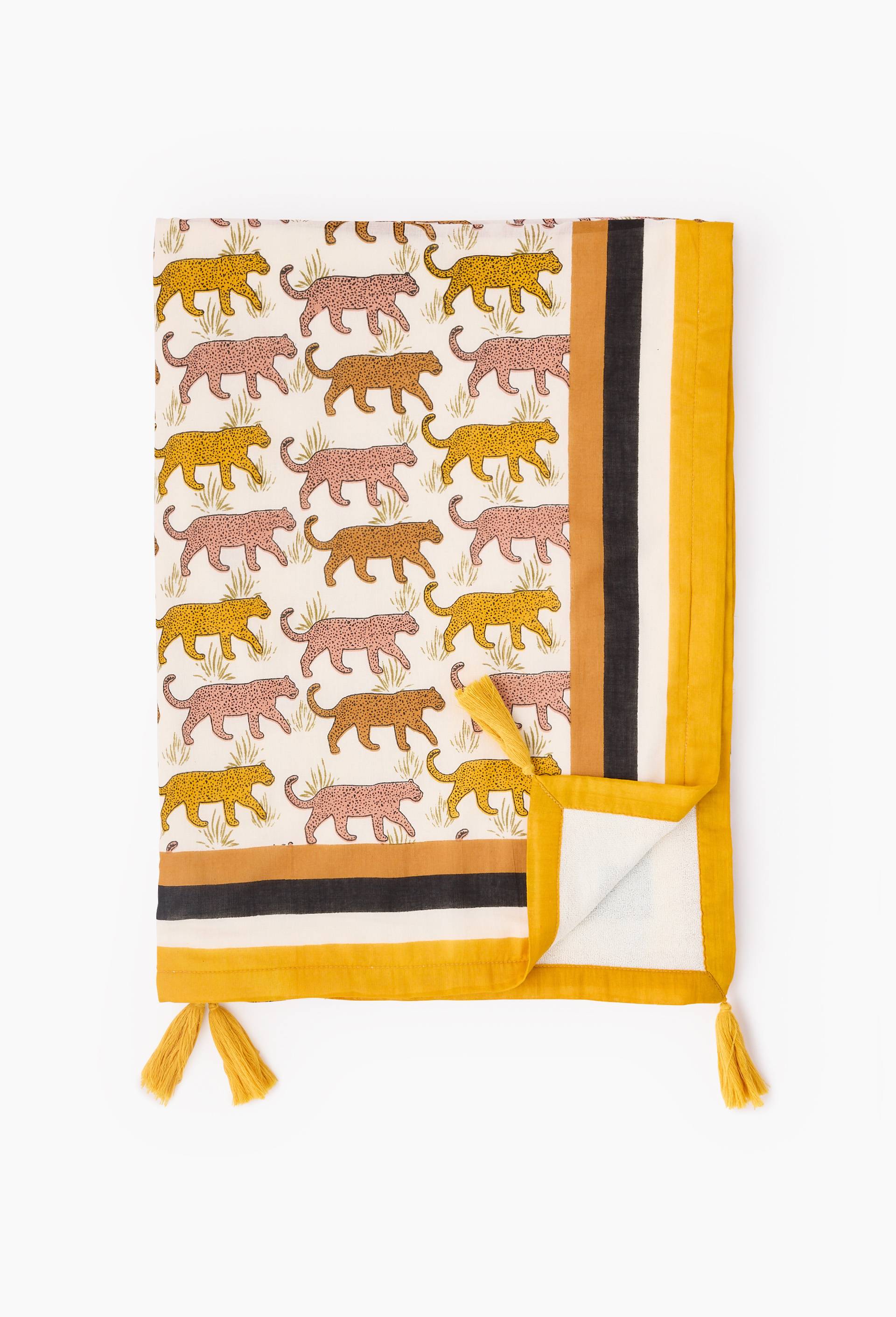 Fouta doubl&eacute;e imprim&eacute;, 100x180cm. Ext&eacute;rieur en coton issu de l'agriculture biologique, Ecru, large image number 0.0