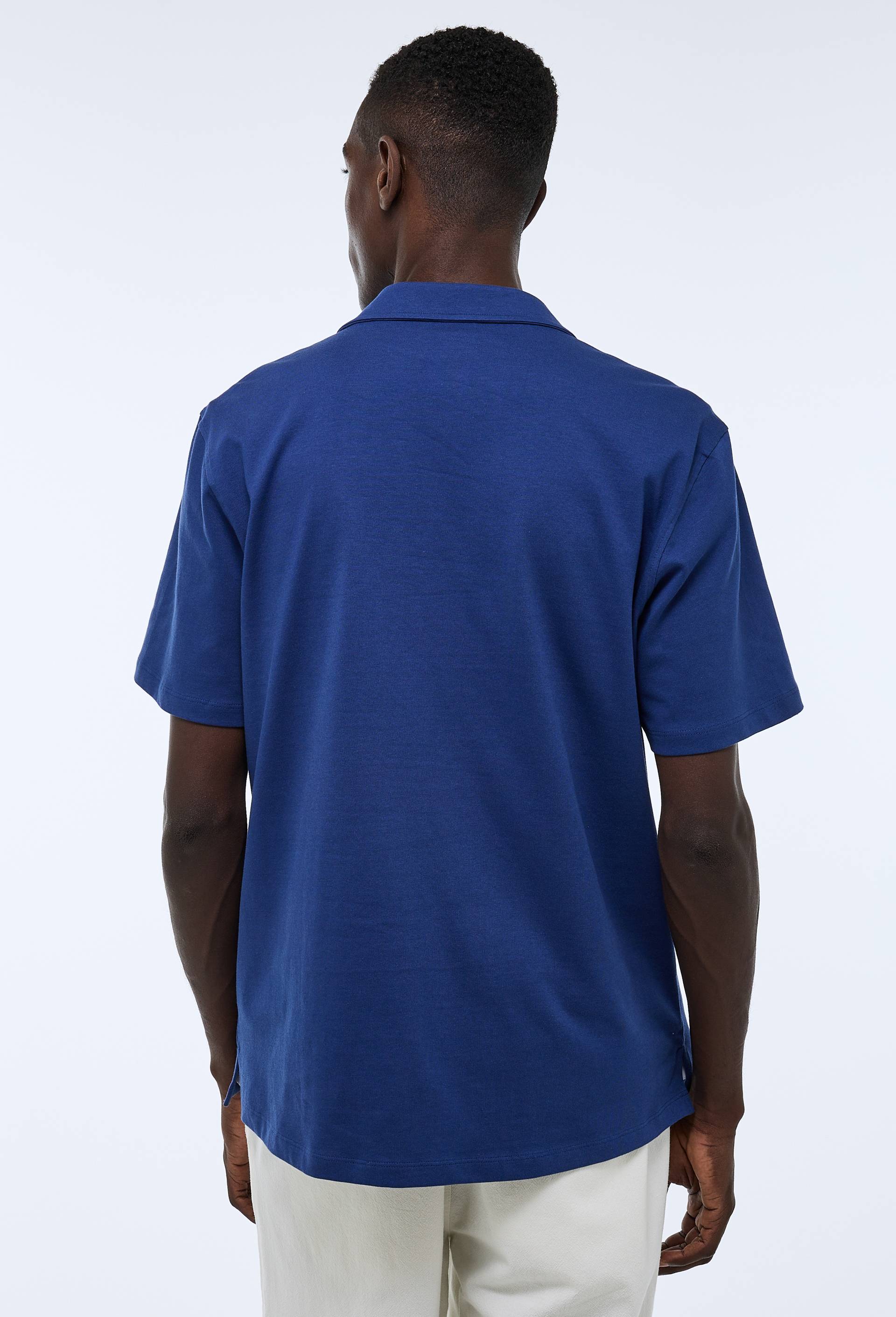Chemise col cubain manches courtes en maille avec broderie en coton BIO GOTS, Bleu foncé, large image number 1