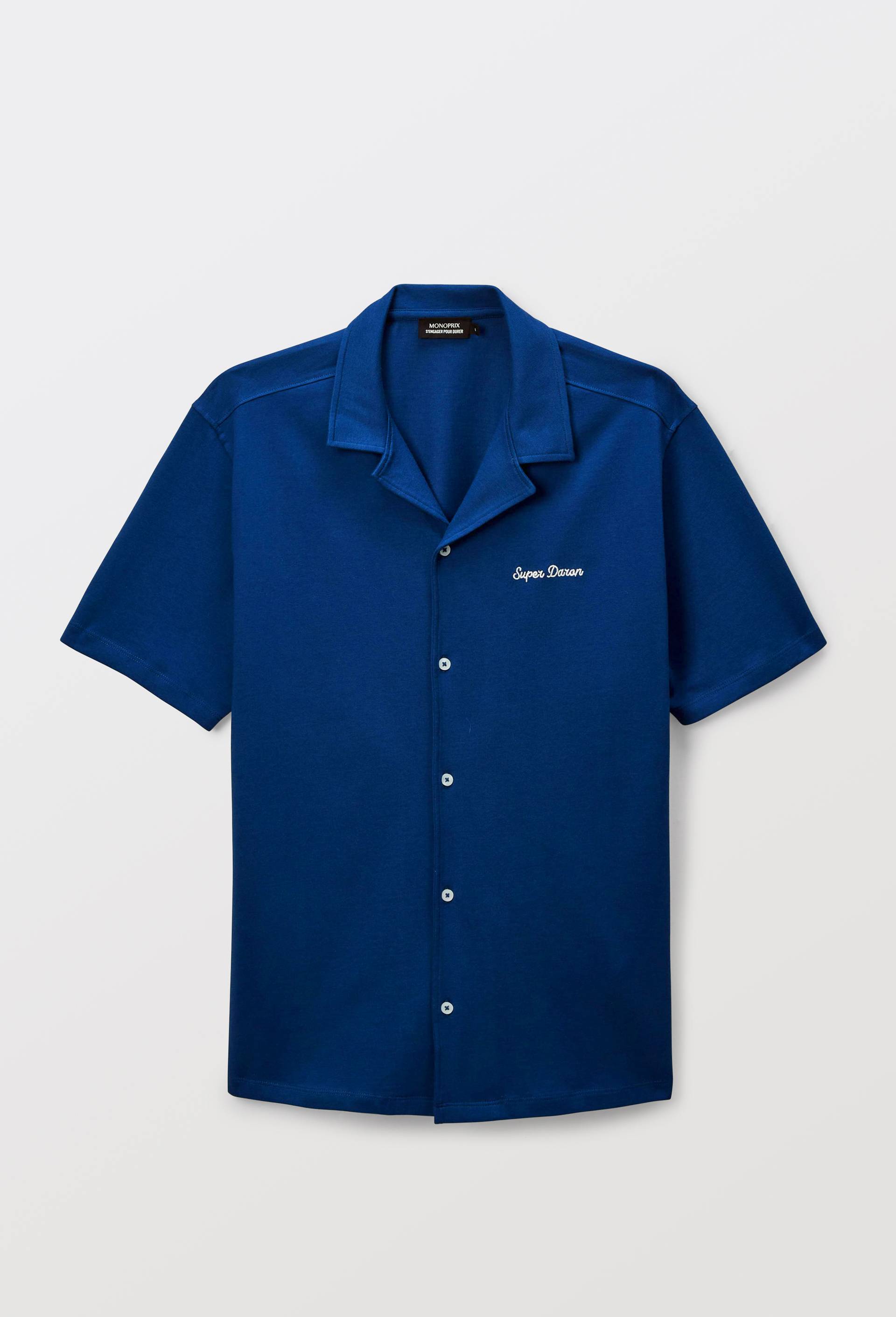 Chemise col cubain manches courtes en maille avec broderie en coton BIO GOTS, Bleu foncé, large image number 2.0