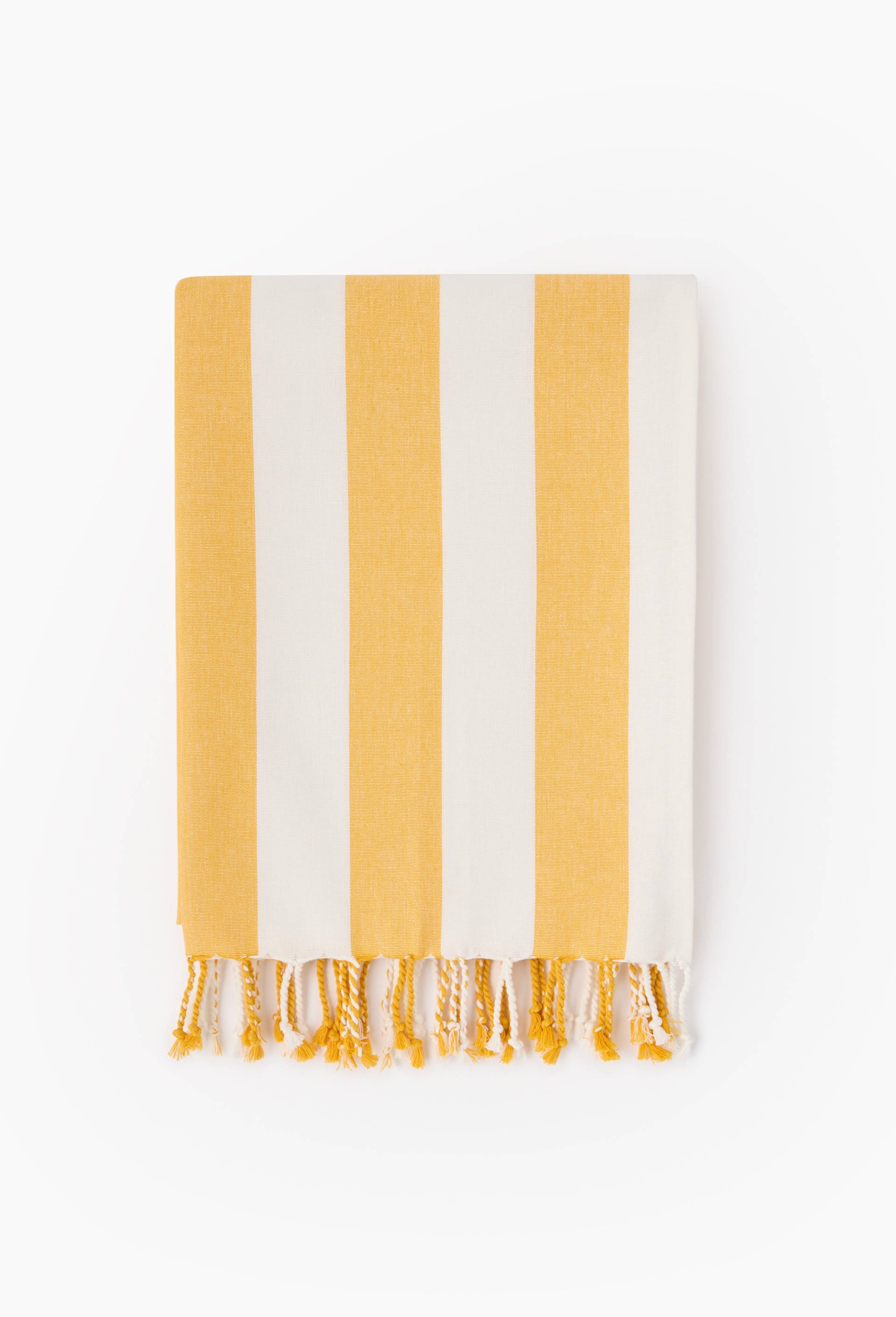 Fouta simple ray&eacute;e, 90x160cm, 100% coton bio, Jaune, large image number 0