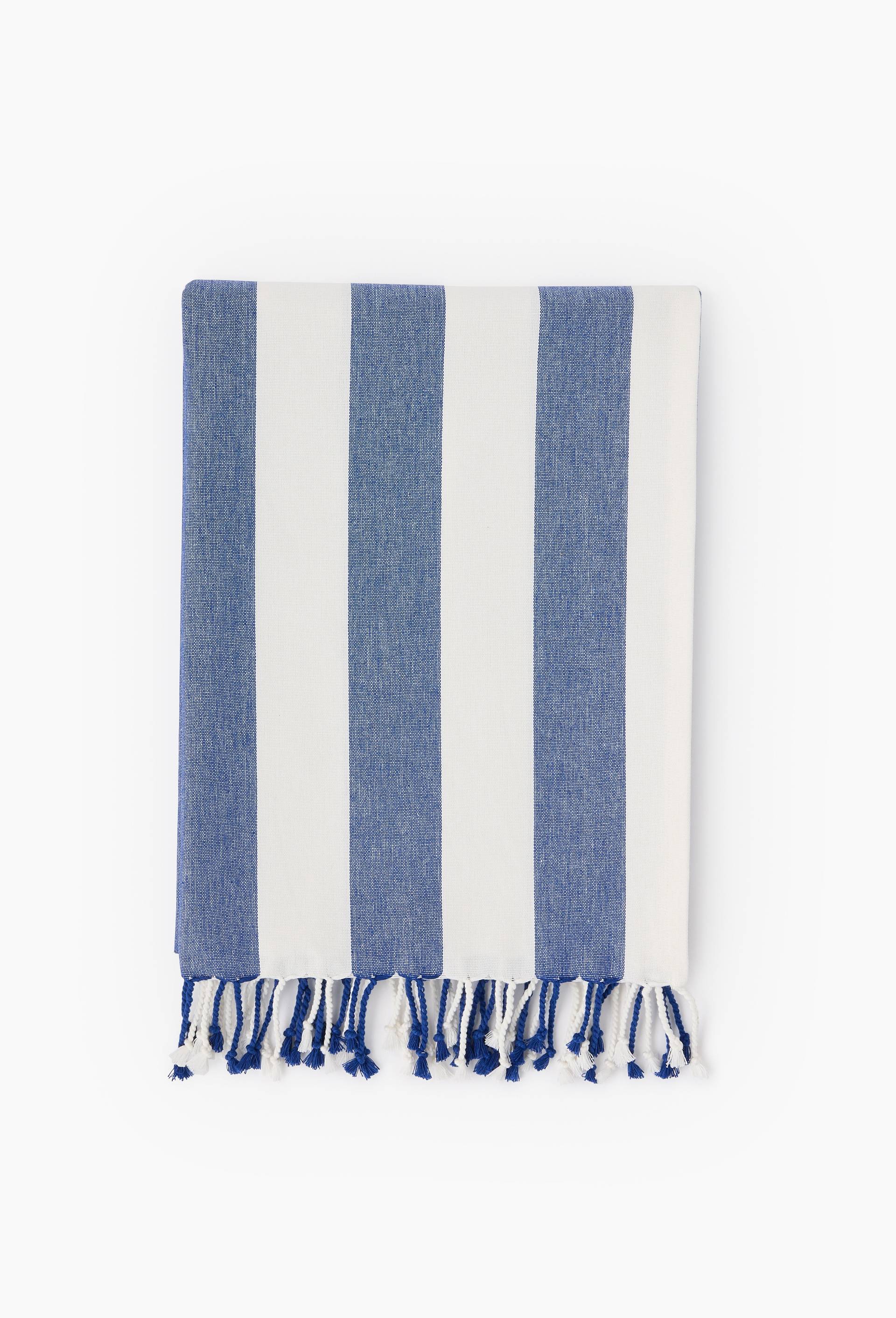 Fouta simple ray&eacute;e, 90x160cm, 100% coton bio, Bleu, large image number 0.0