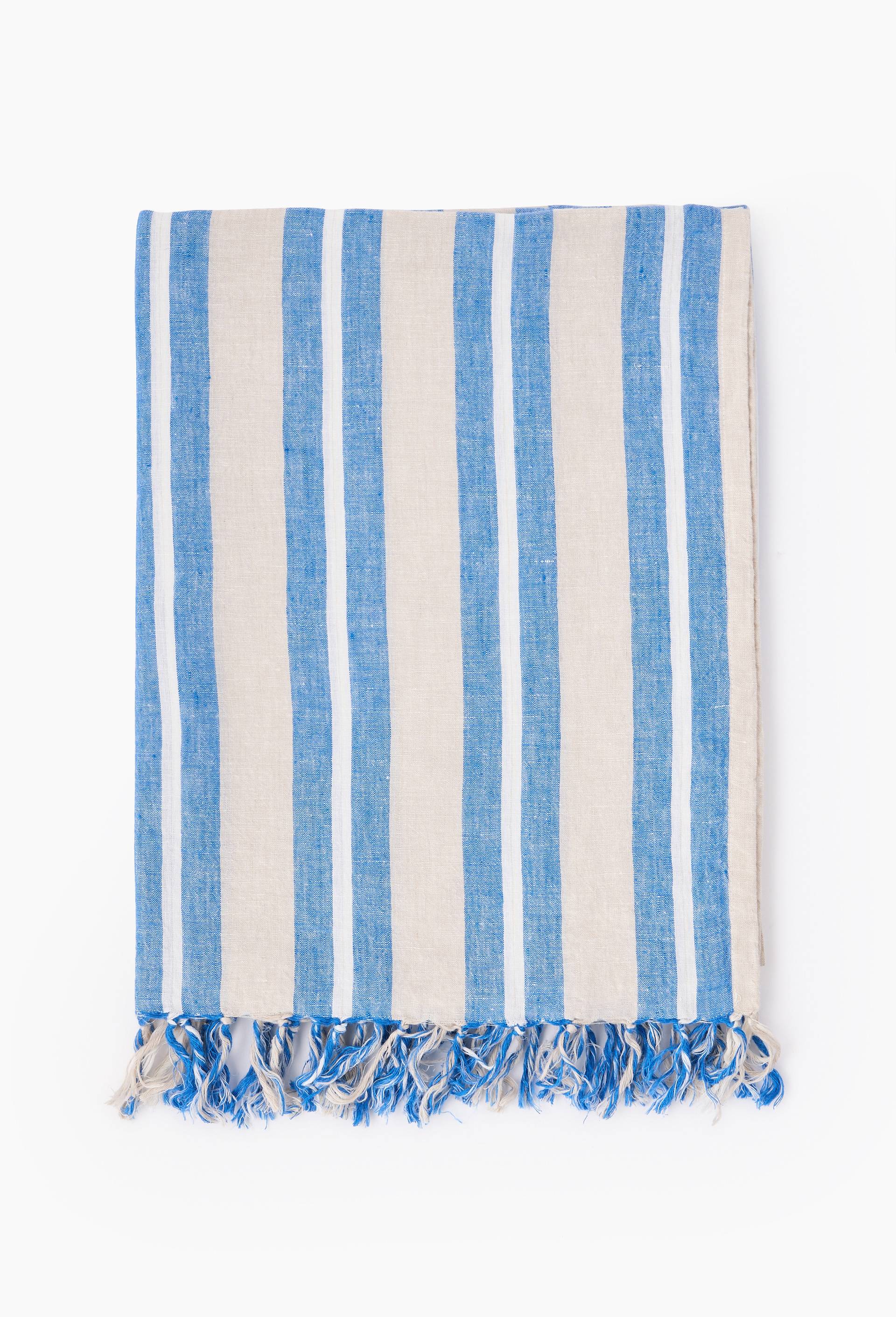 Fouta simple lin rayure chemise, 100x180cm, 100% lin, Bleu, large image number 0