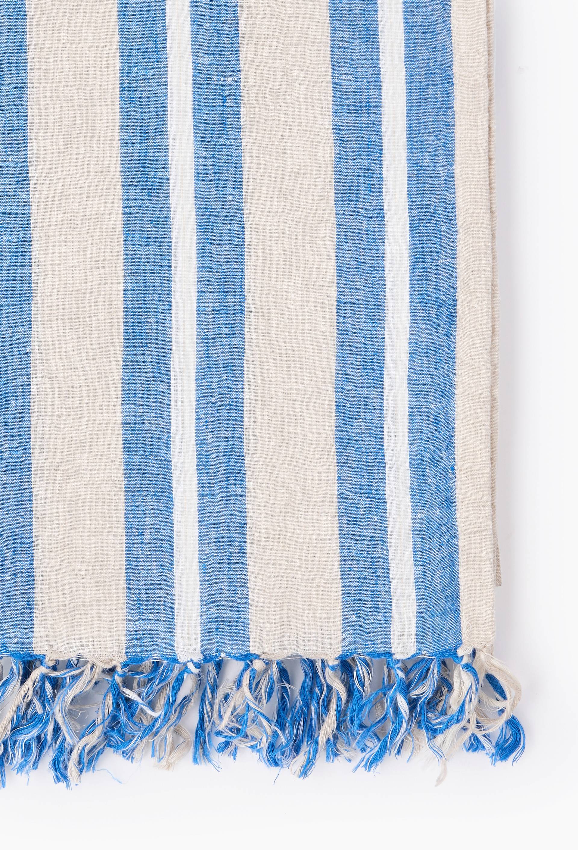 Fouta simple lin rayure chemise, 100x180cm, 100% lin, Bleu, large image number 1