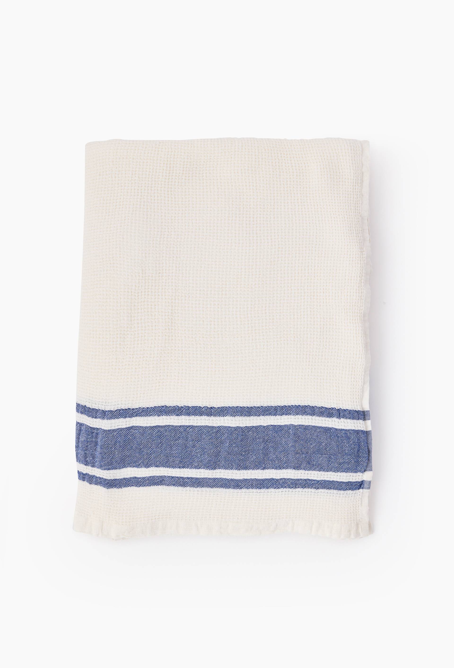 Fouta nid d'abeilles rayures, 100x180cm, 100% coton bio, Bleu, large image number 0