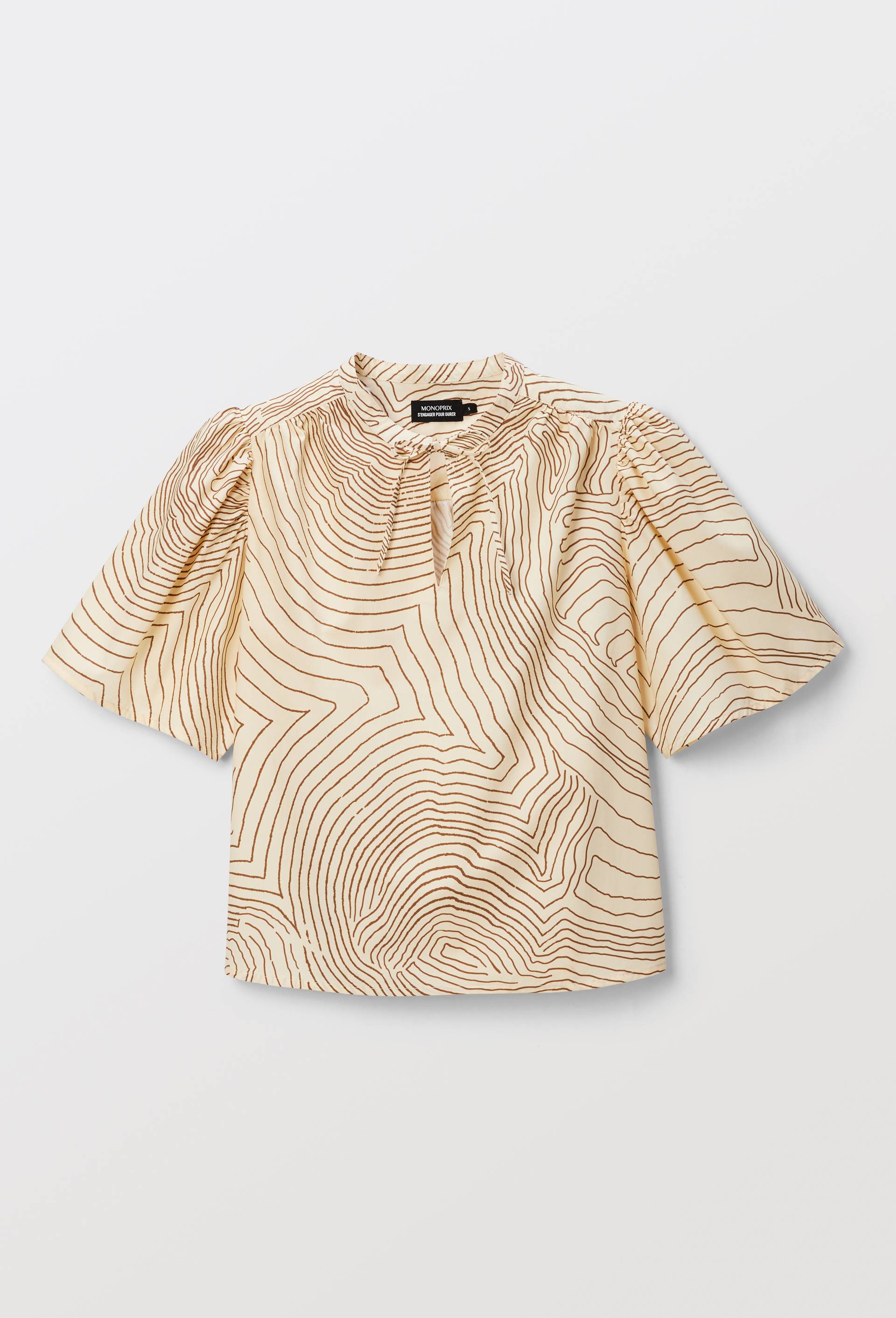 Blouse manches courtes imprim&eacute;e en coton, Beige clair, large image number 3