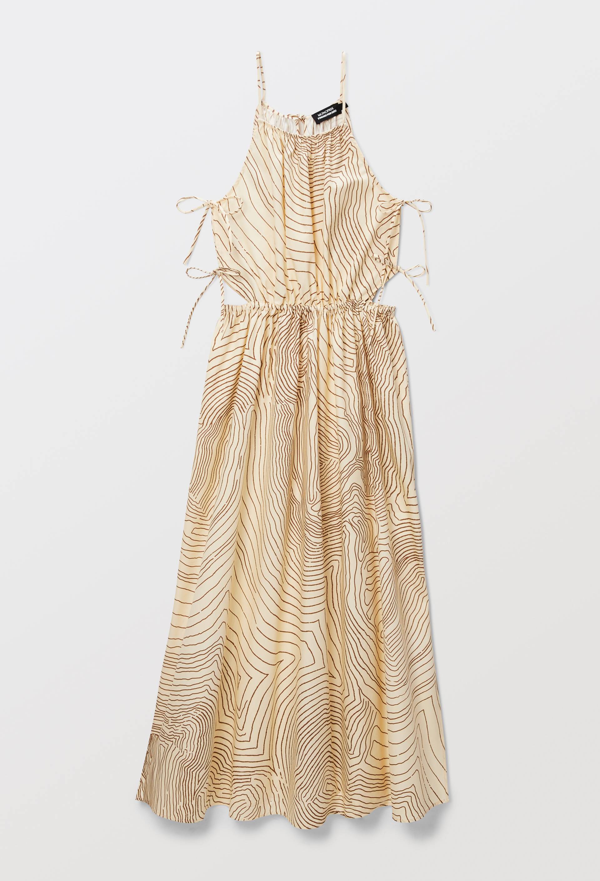 Robe longue détail noeud imprimée en coton BEIGE CLAIR pour femme