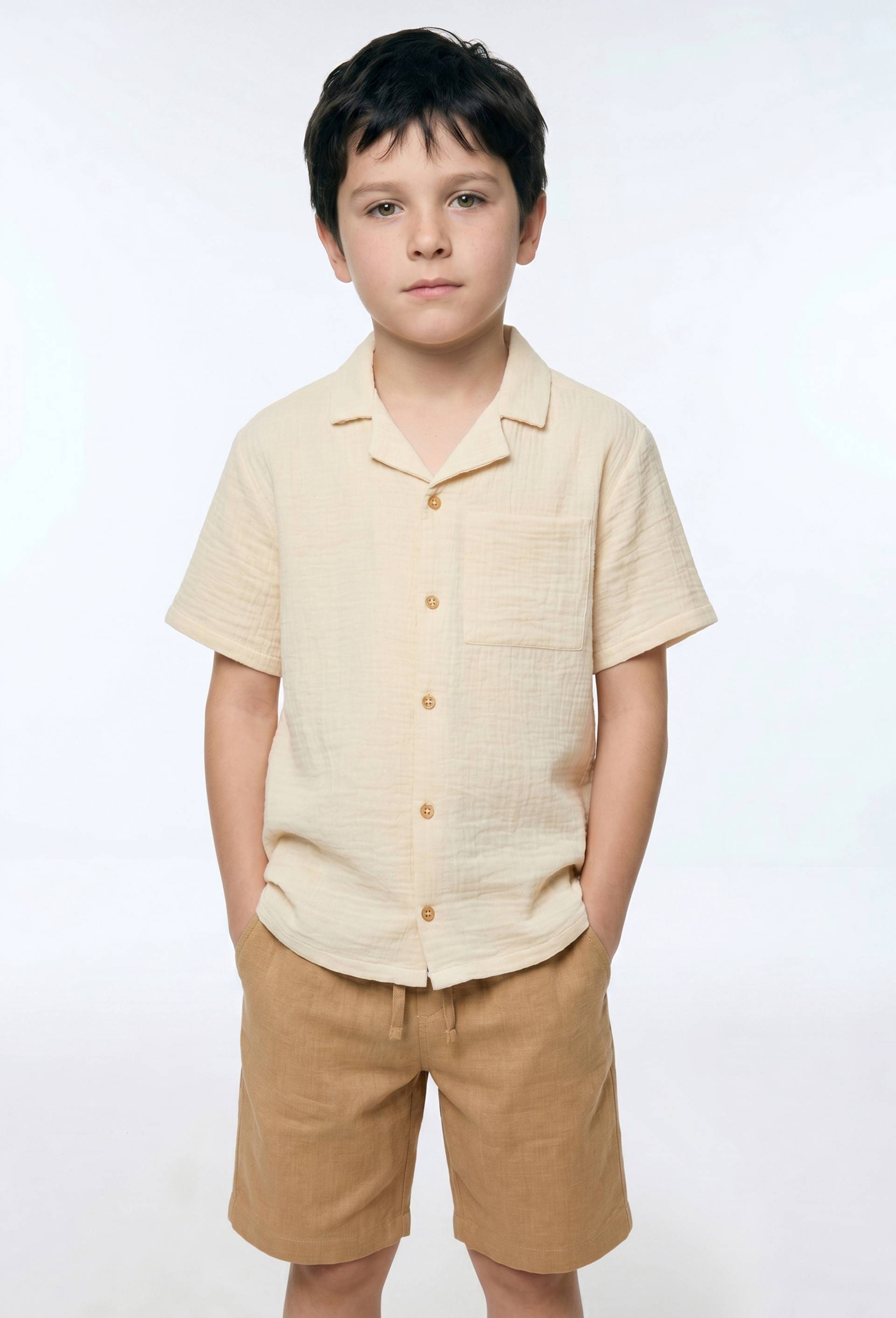 Chemise manches courtes unie en gaze de coton BIO GOTS, Beige clair, large image number 0