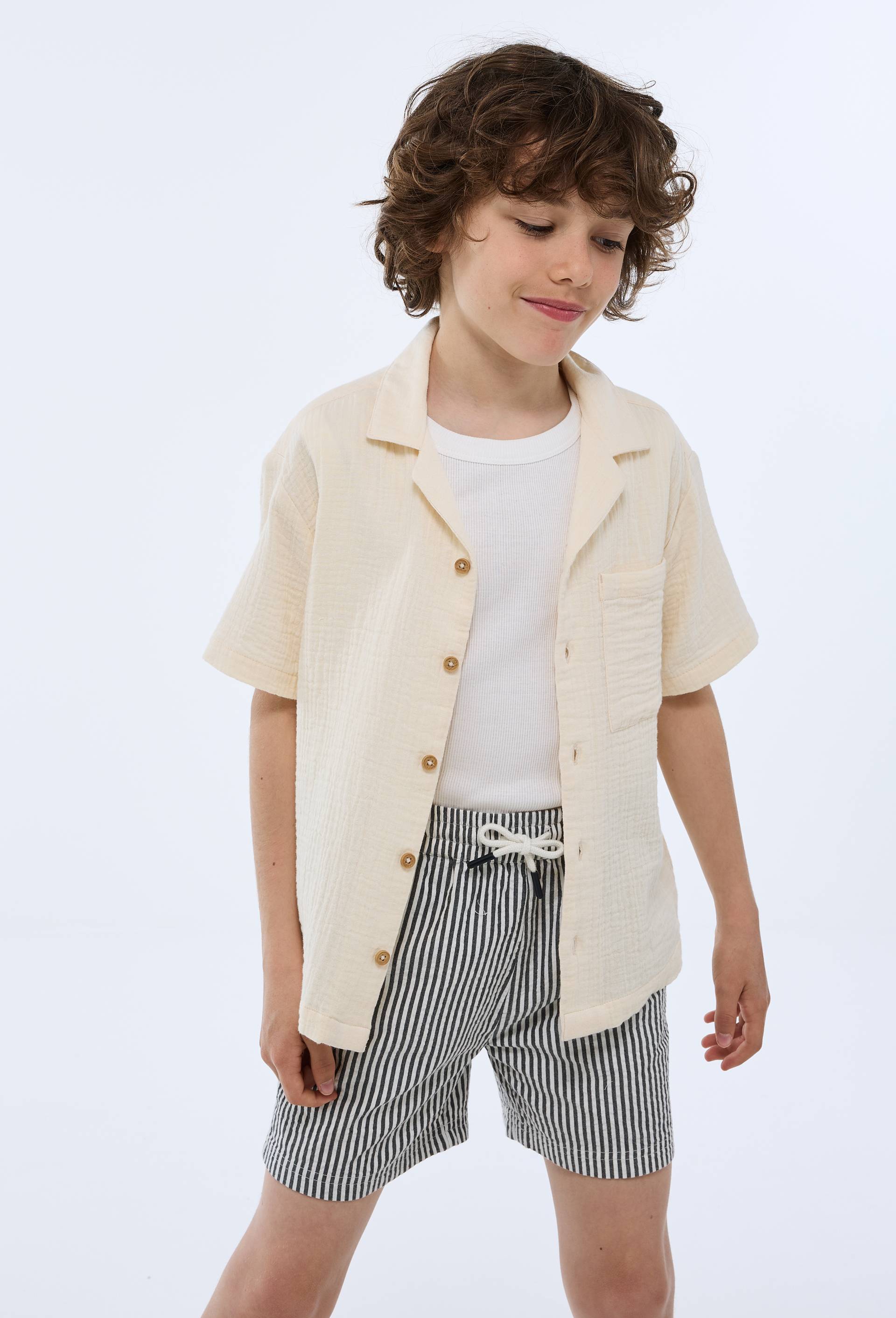 Chemise manches courtes unie en gaze de coton BIO GOTS, Beige clair, large image number 1