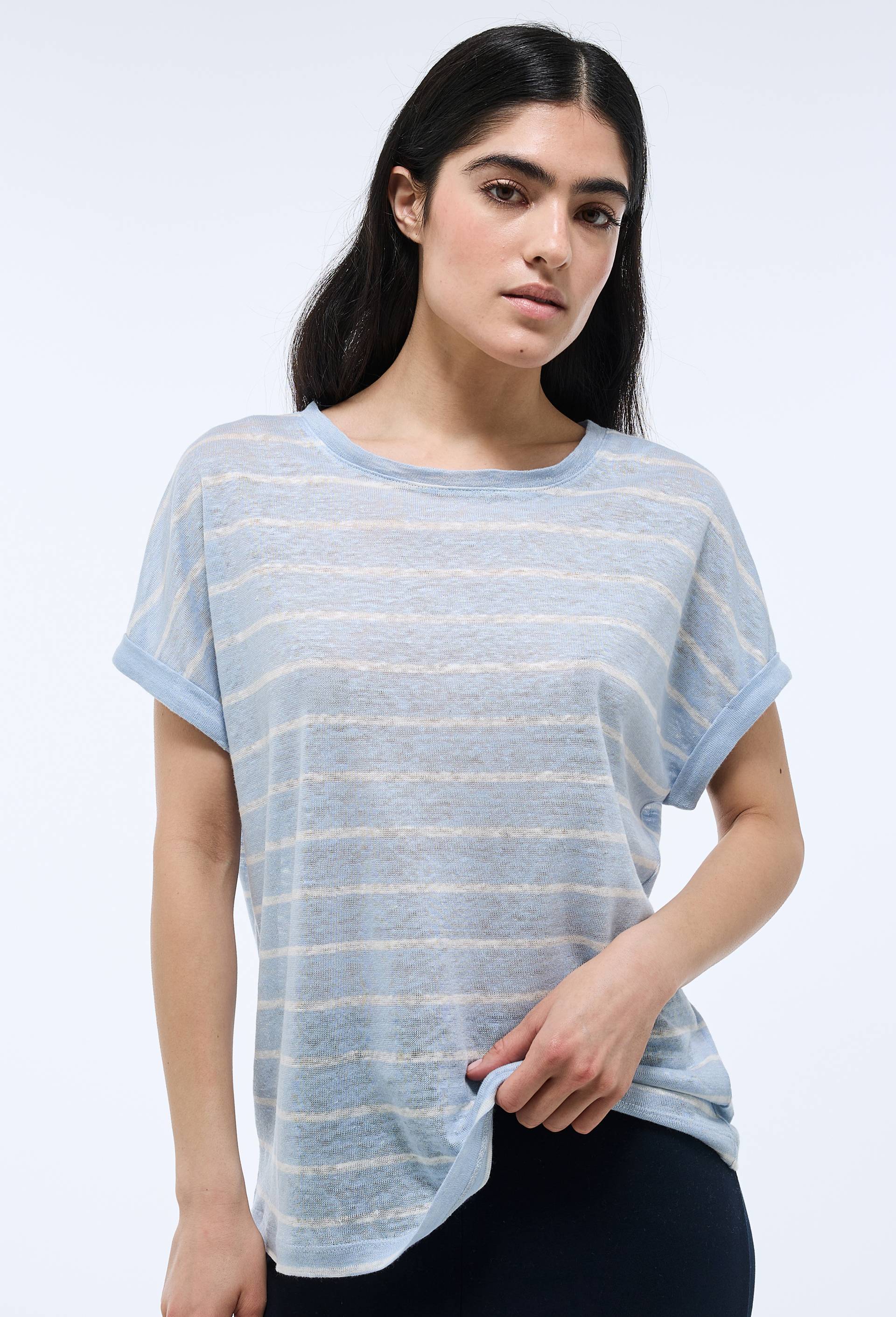 T-shirt ray&eacute; en lin coton, Bleu clair, large image number 0