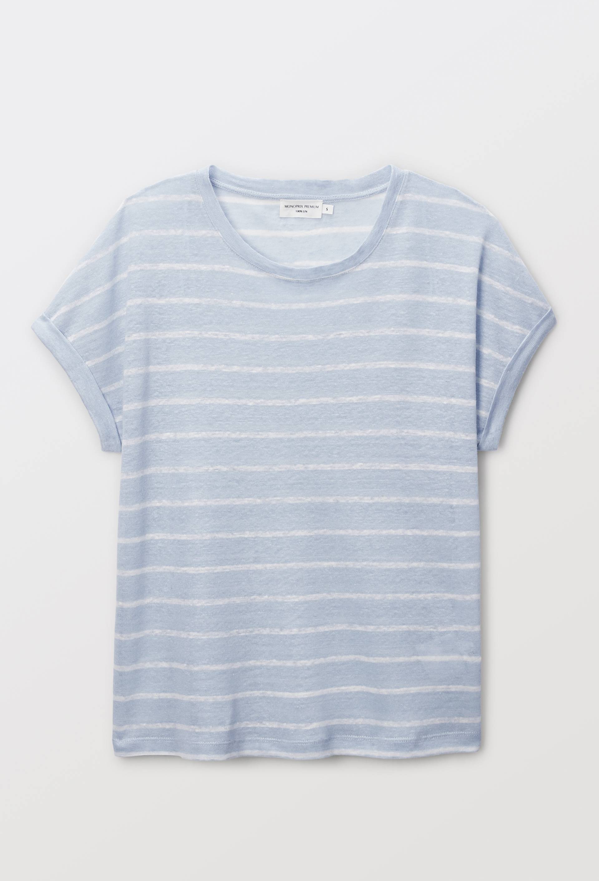T-shirt ray&eacute; en lin coton, Bleu clair, large image number 2