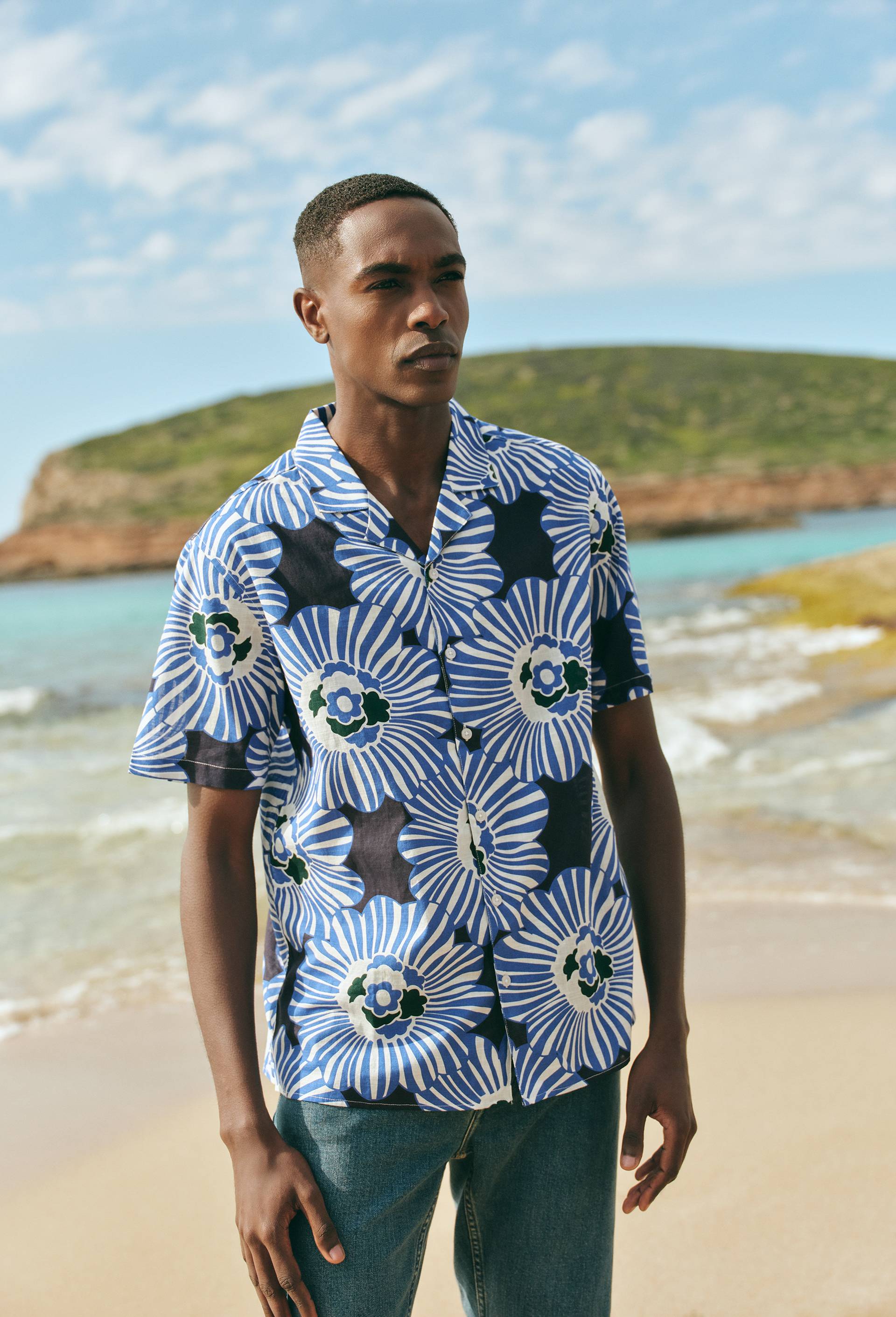 Chemise manches courtes col cuba imprim&eacute;e en coton bio GOTS, Bleu fonc&eacute;, large image number 0