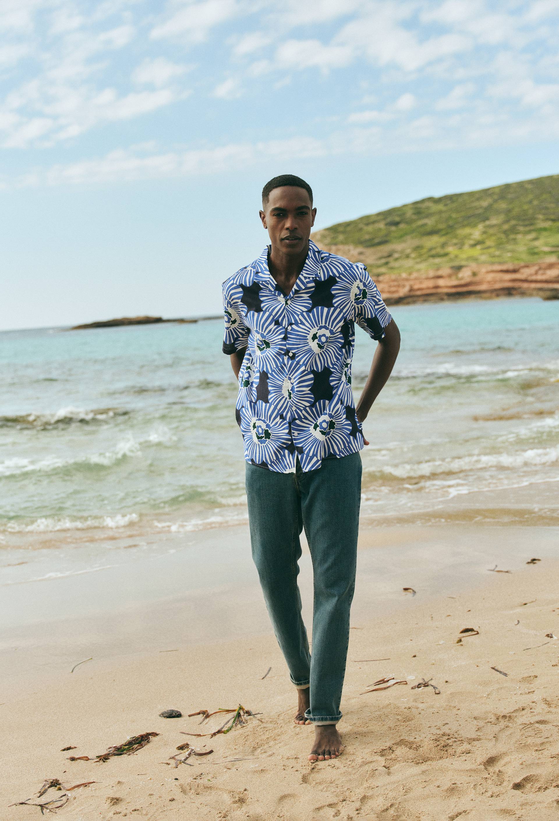 Chemise manches courtes col cuba imprim&eacute;e en coton bio GOTS, Bleu fonc&eacute;, large image number 1