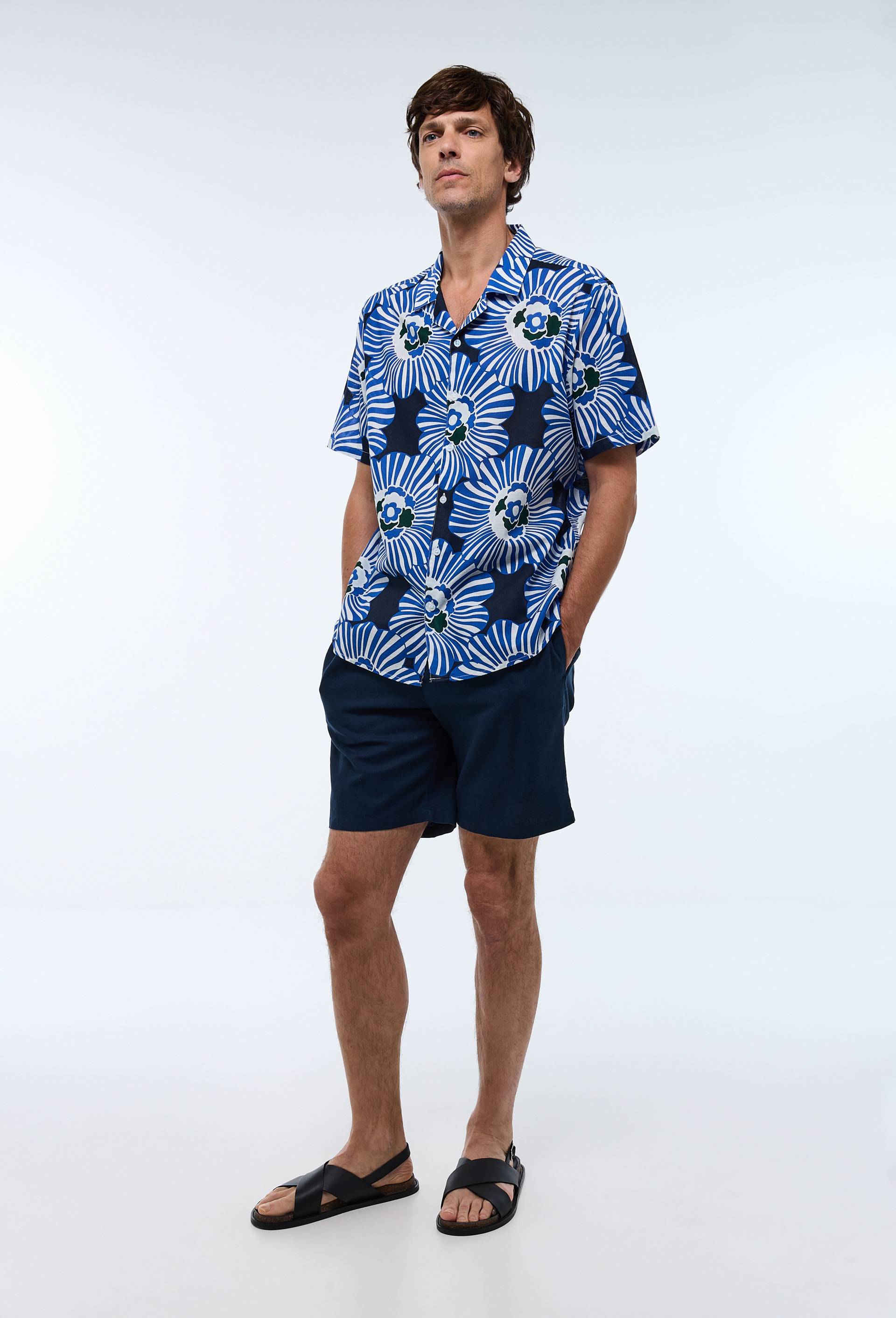 Chemise manches courtes col cuba imprim&eacute;e en coton bio GOTS, Bleu fonc&eacute;, large image number 4