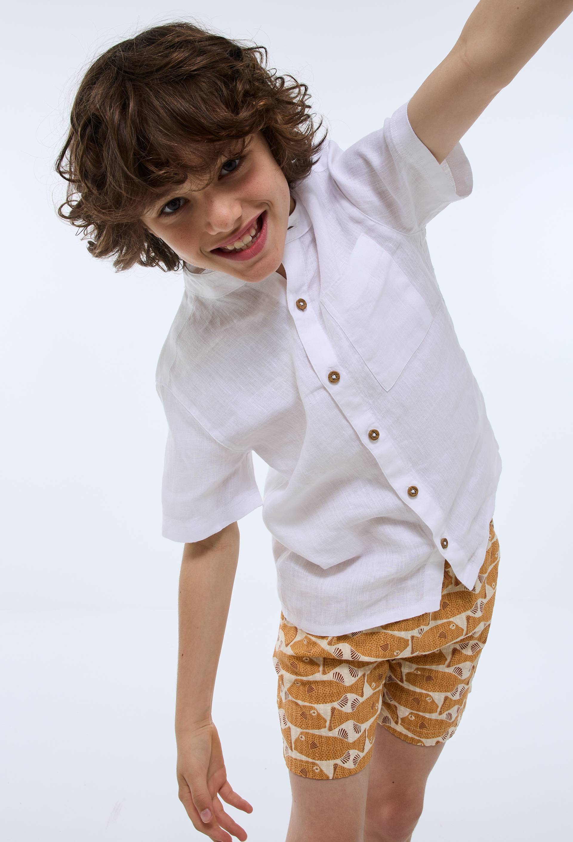 Chemise col mao manches courtes unie en 100% lin, Ecru, large image number 0