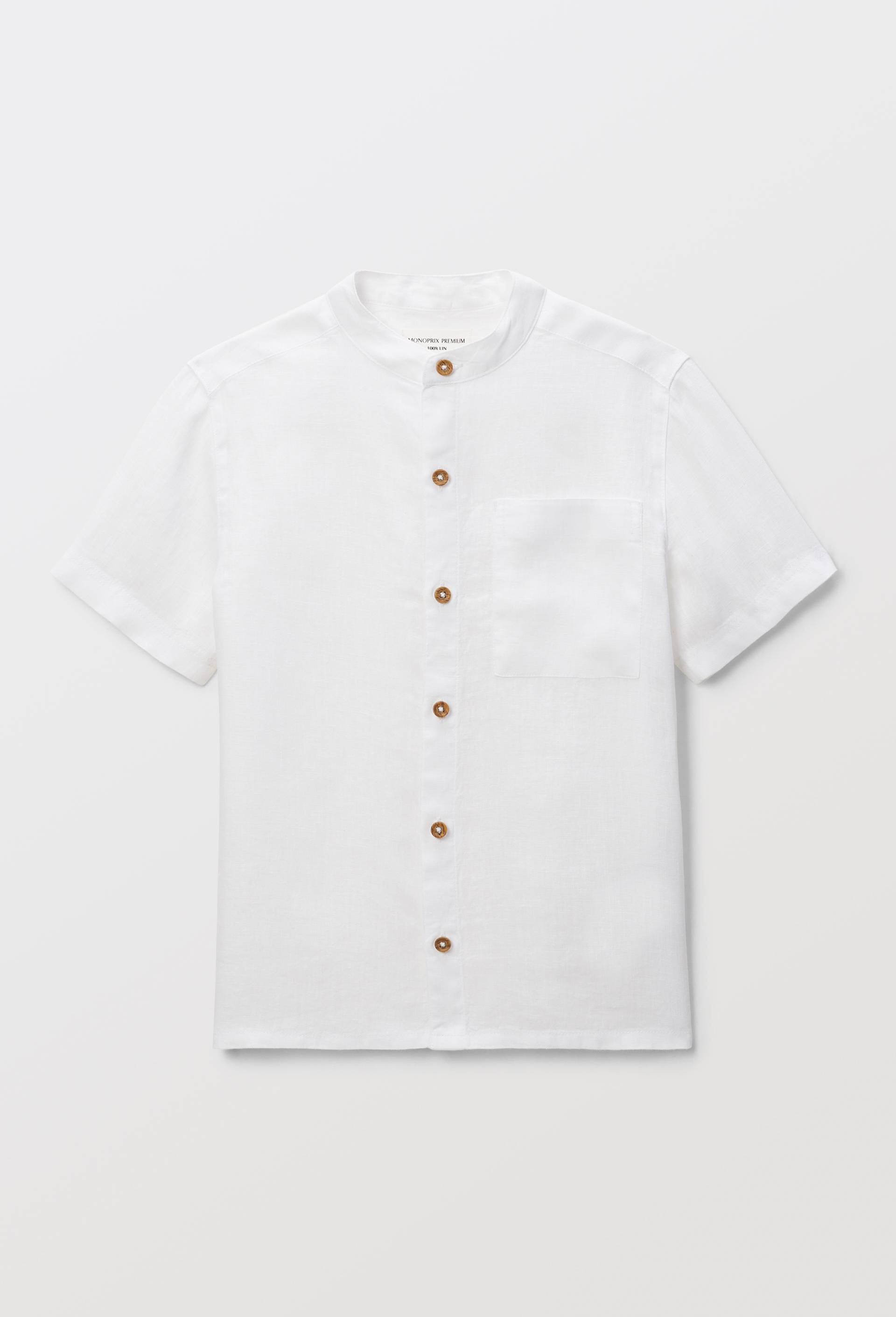 Chemise col mao manches courtes unie en 100% lin, Ecru, large image number 1.0
