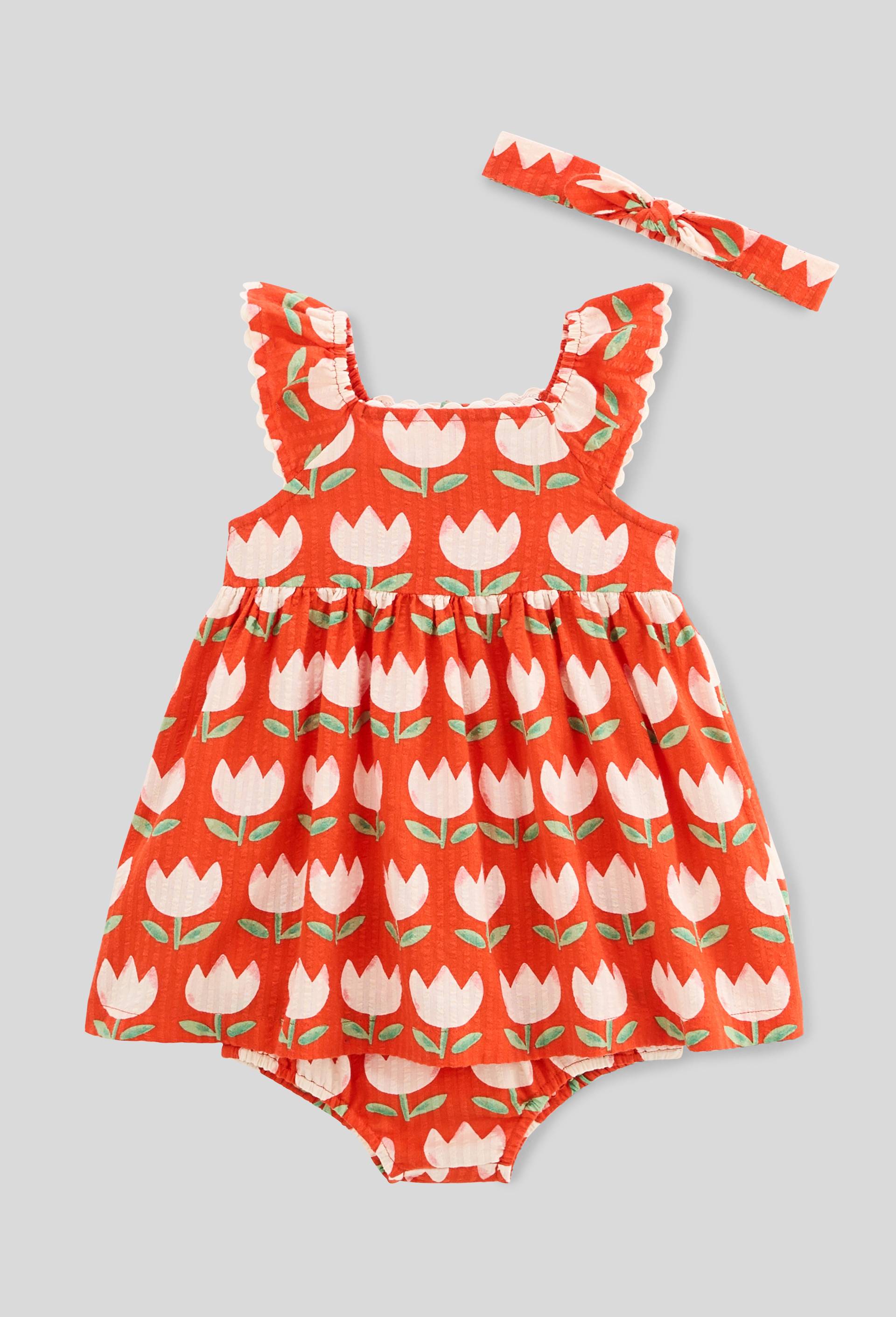 Robe avec bloomer et bandeau imprimés en coton BIO GOTS, Rouge, large image number 0