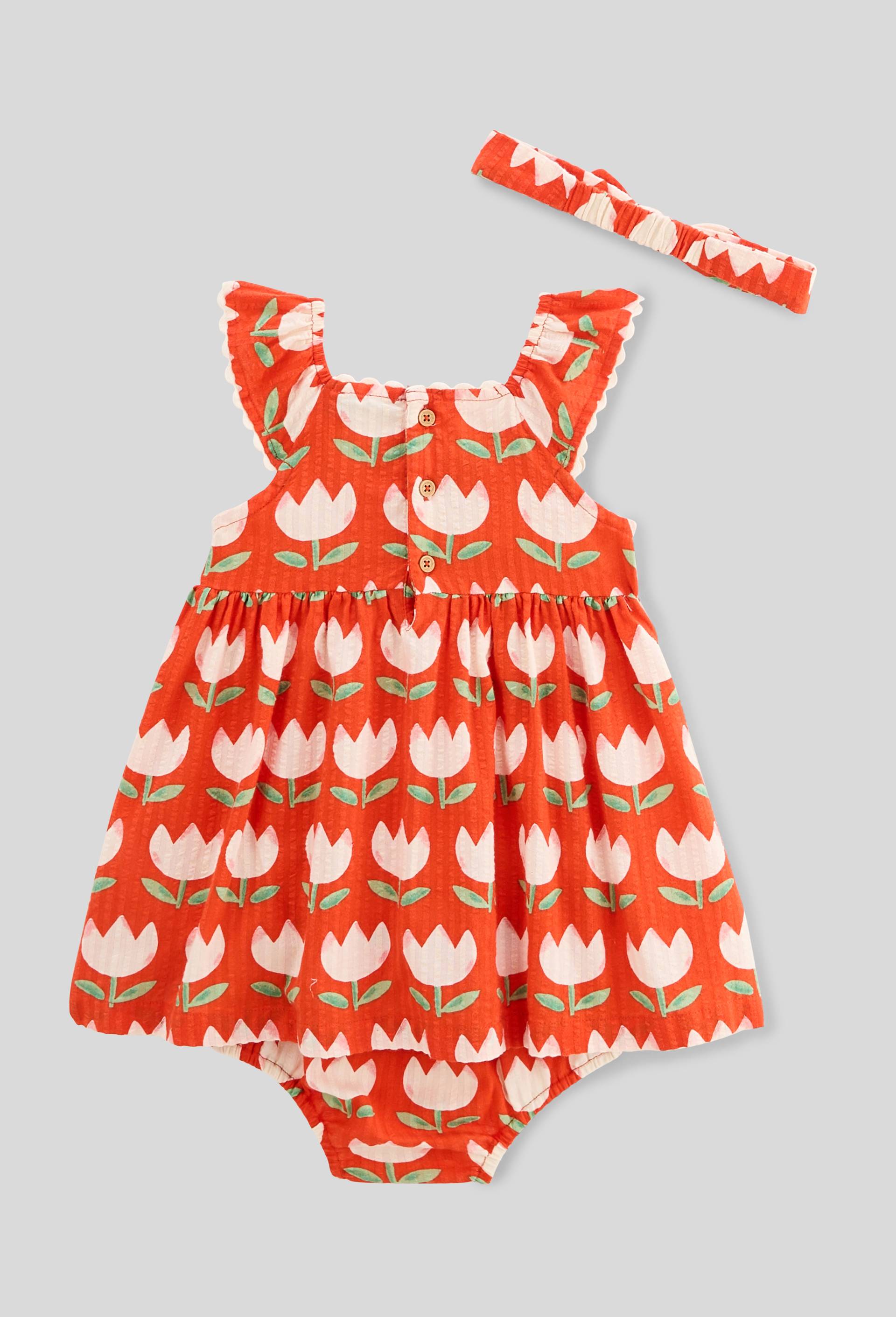 Robe avec bloomer et bandeau imprimés en coton BIO GOTS, Rouge, large image number 1