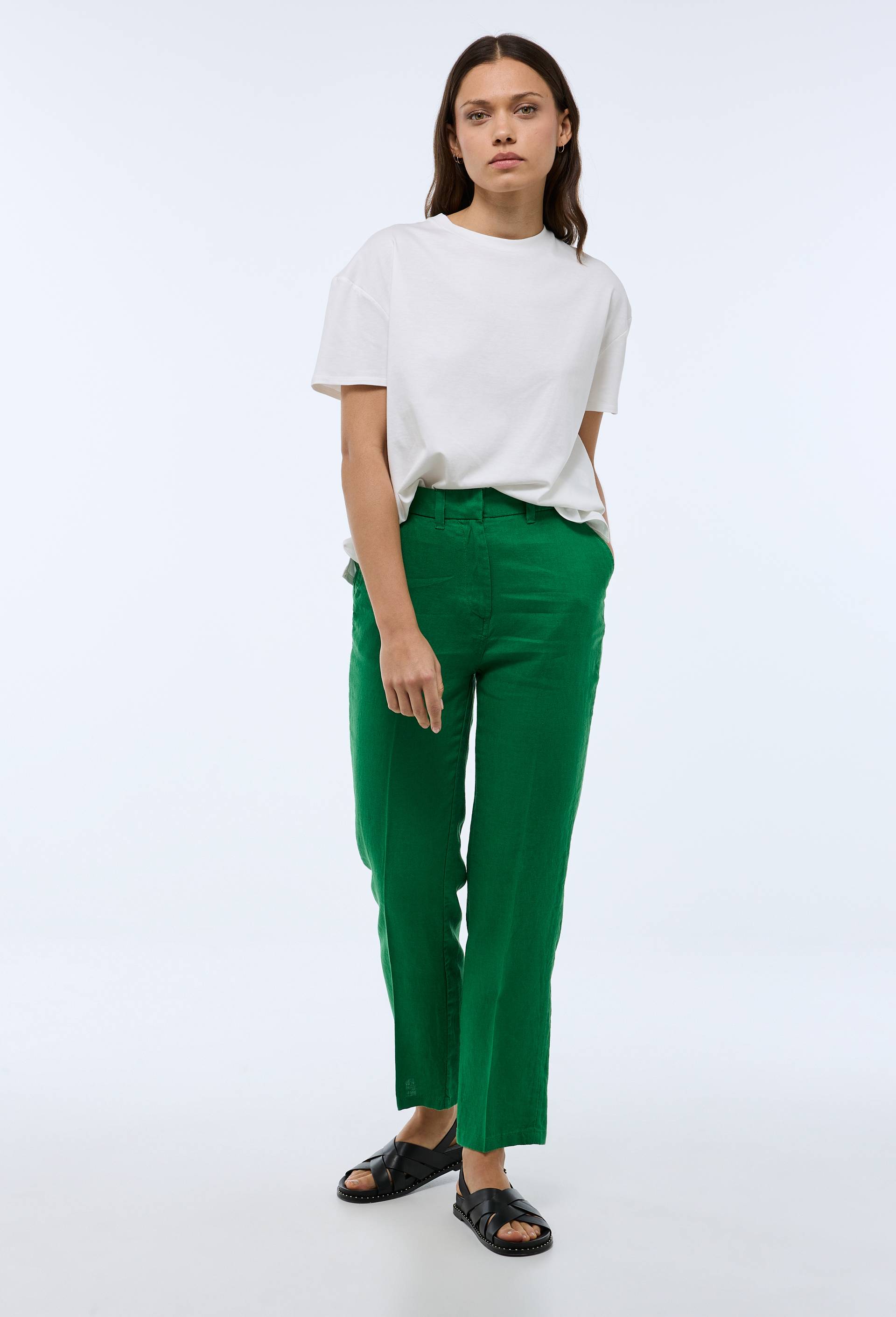 Pantalon carotte à taille semi-élastiquée en lin, Vert, swatch image