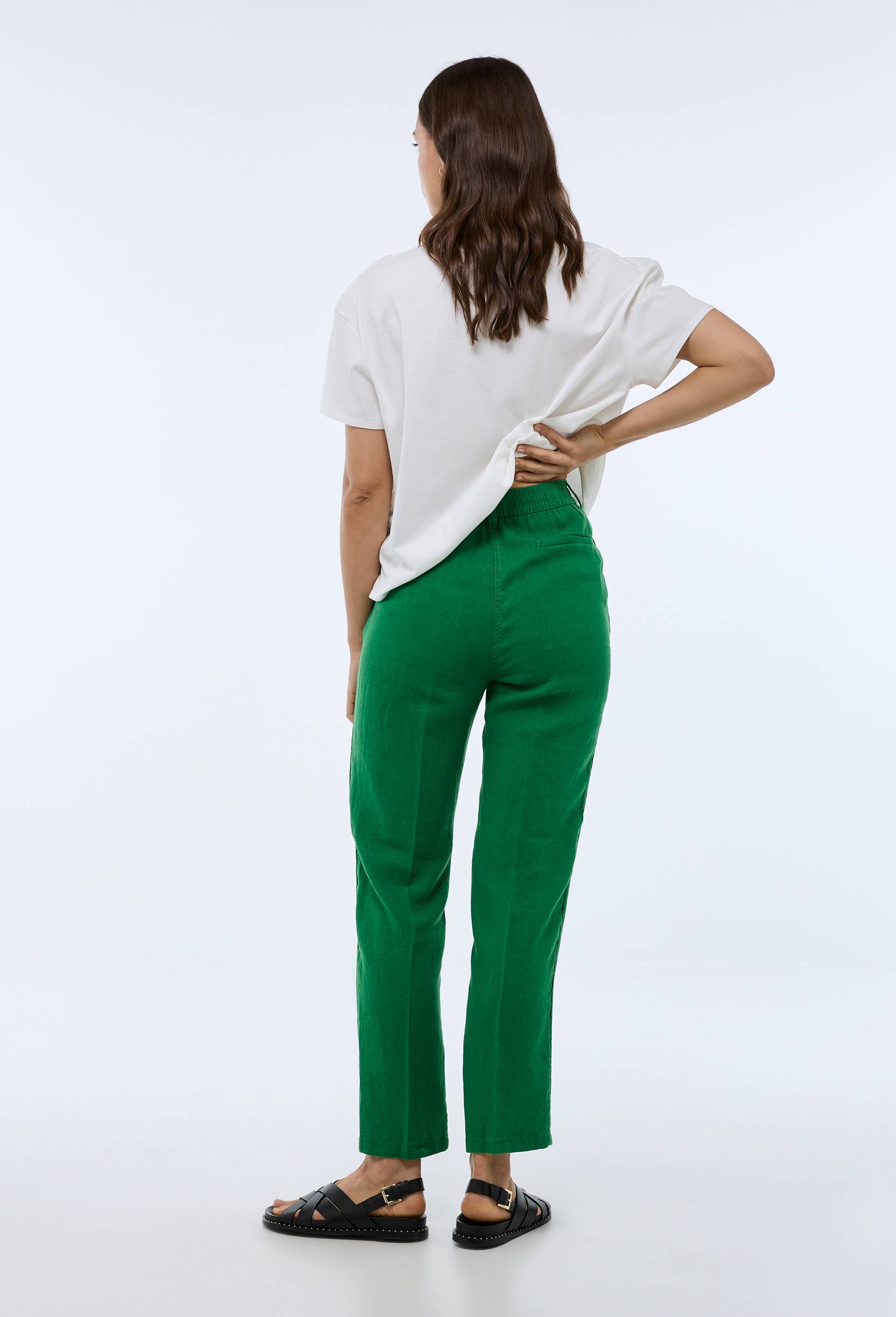 Pantalon carotte &agrave; taille semi-&eacute;lastiqu&eacute;e en lin, Vert, large image number 1.0