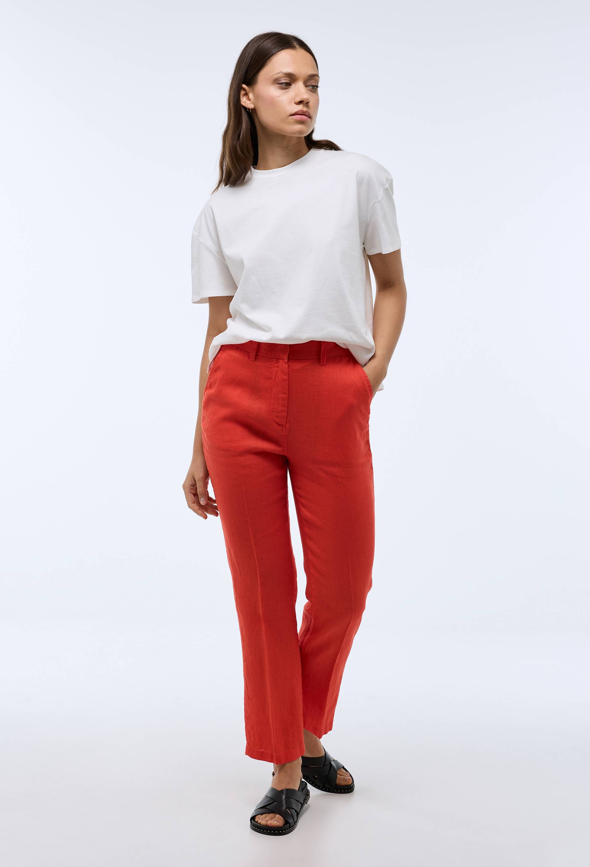 Pantalon carotte à taille semi-élastiquée en lin, Orange, swatch image