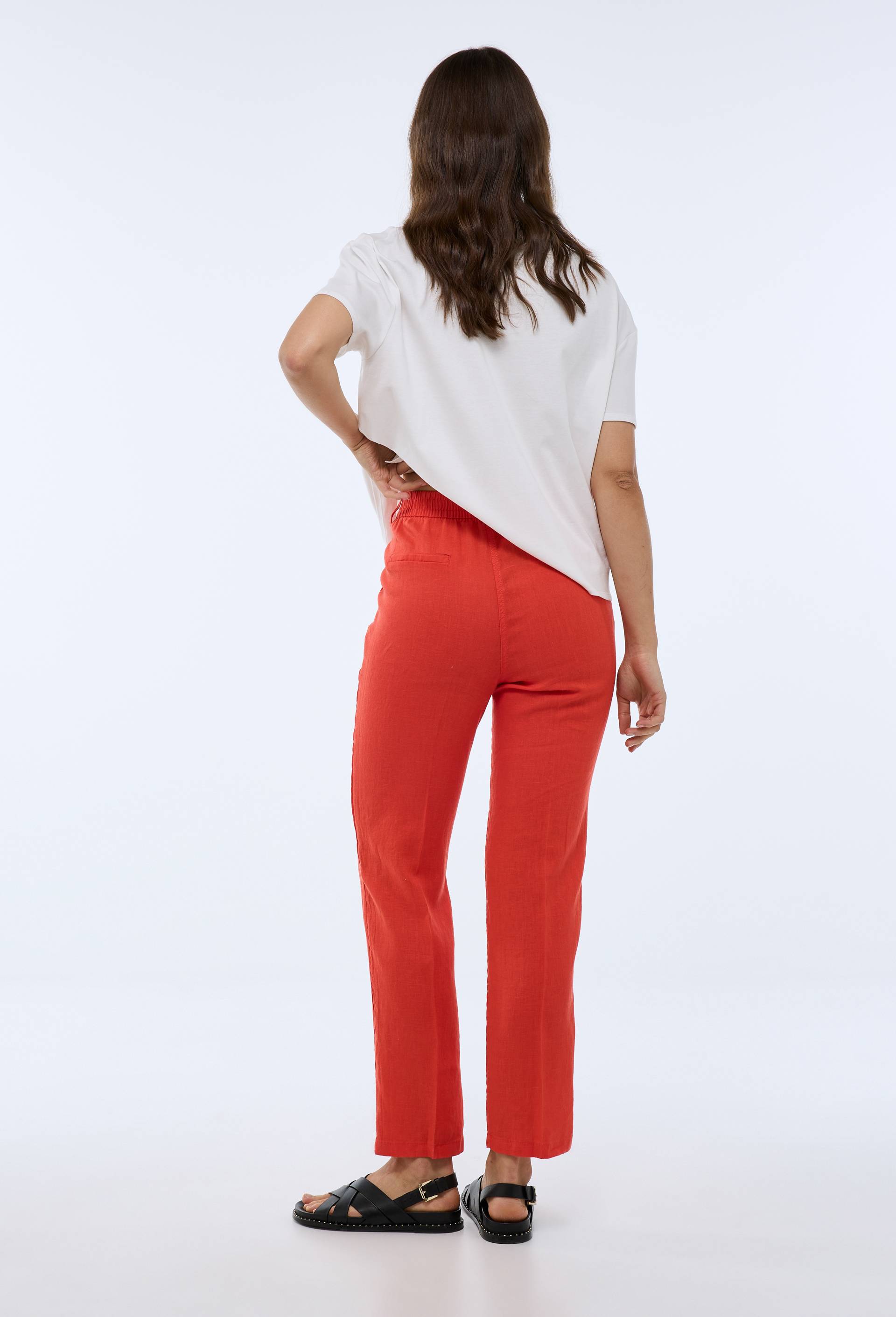 Pantalon carotte &agrave; taille semi-&eacute;lastiqu&eacute;e en lin, Orange, large image number 1