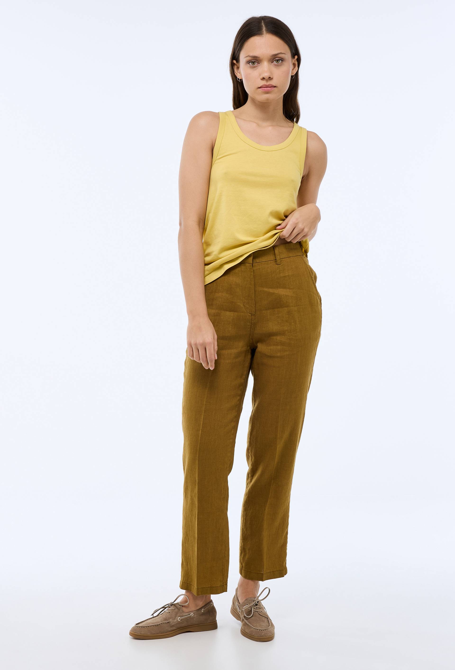Pantalon carotte &agrave; taille semi-&eacute;lastiqu&eacute;e en lin, Jaune fonc&eacute;, large image number 0