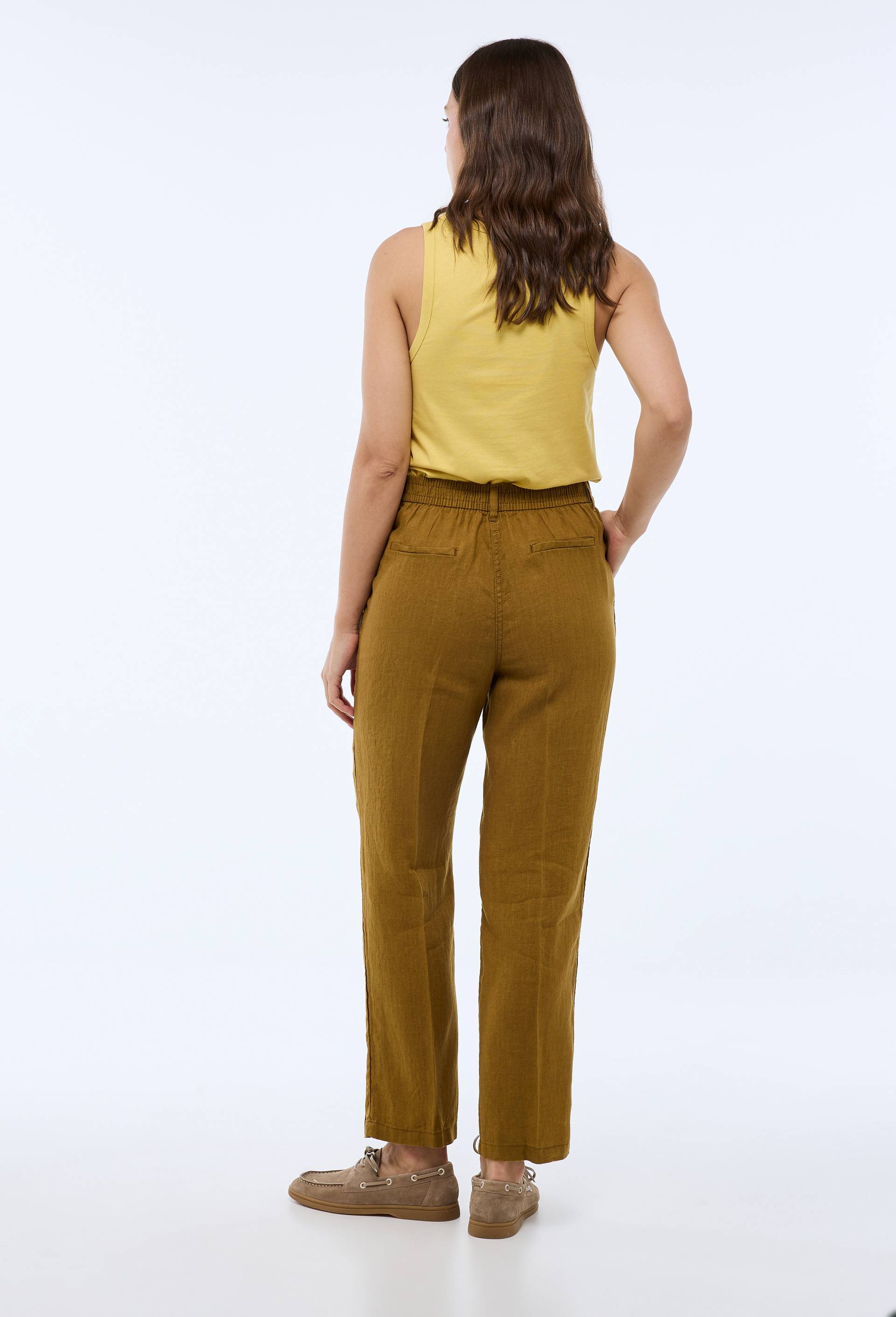 Pantalon carotte &agrave; taille semi-&eacute;lastiqu&eacute;e en lin, Jaune fonc&eacute;, large image number 1.0