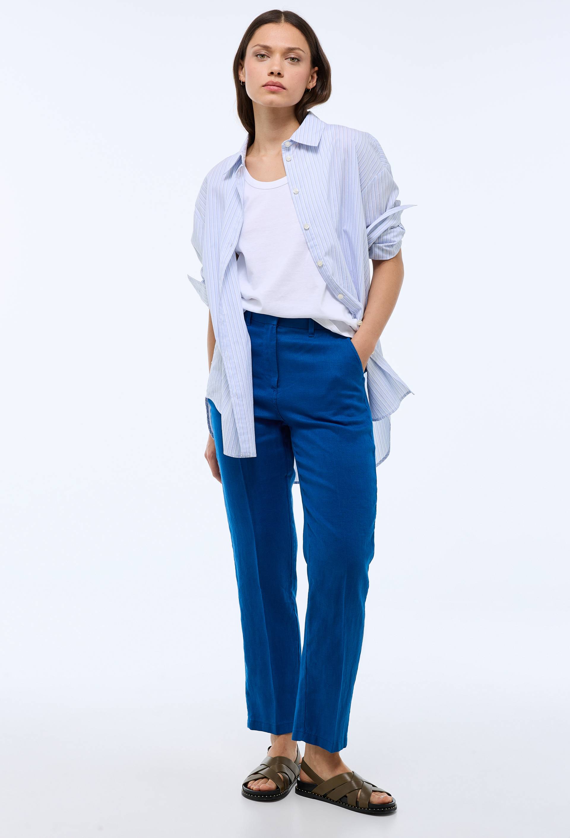 Pantalon carotte à taille semi-élastiquée en lin, Bleu, swatch image