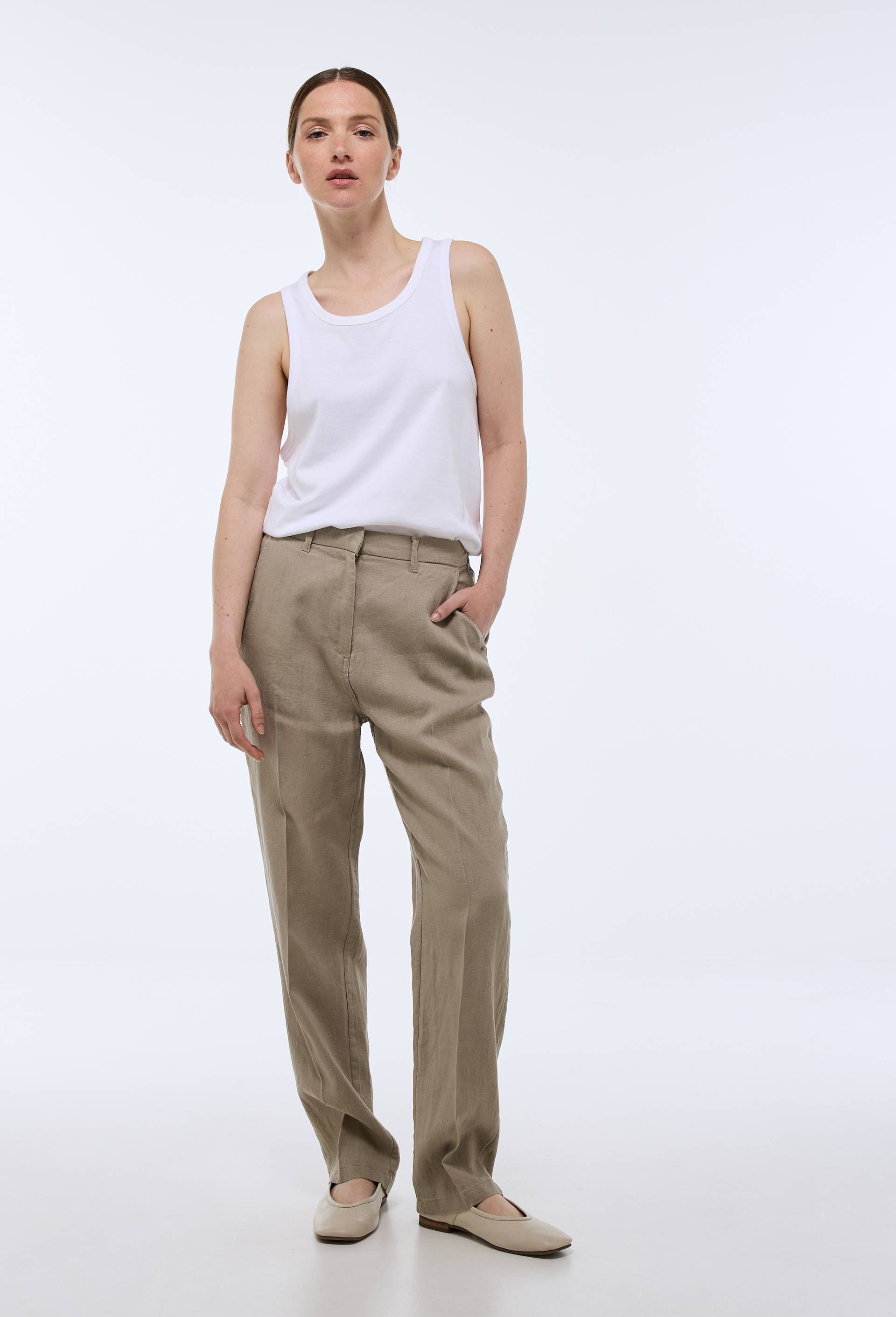 Pantalon carotte à taille semi-élastiquée en lin, Brun clair, swatch image