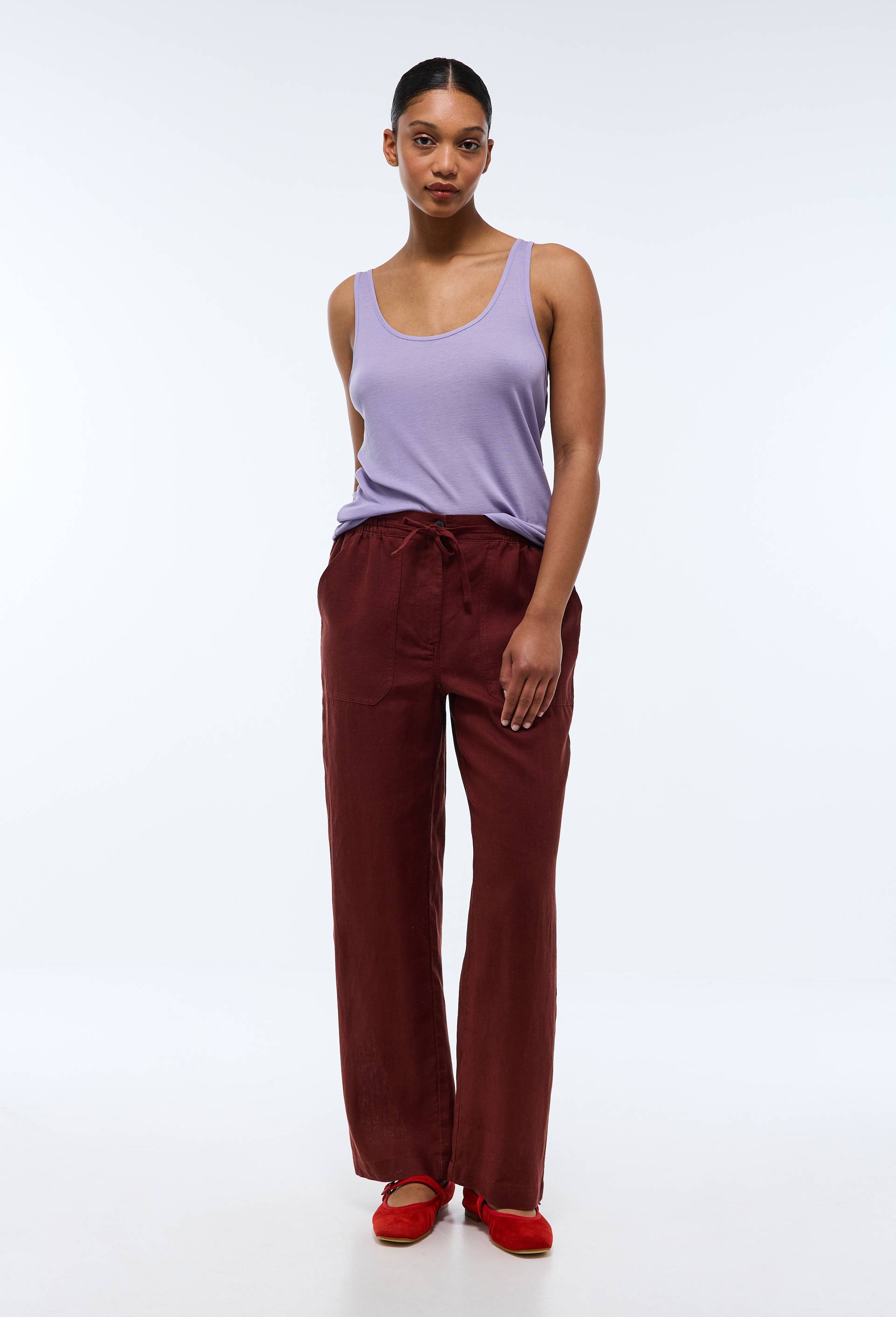 Pantalon taille semi-élastiquée uni en lin, Brun foncé, swatch image