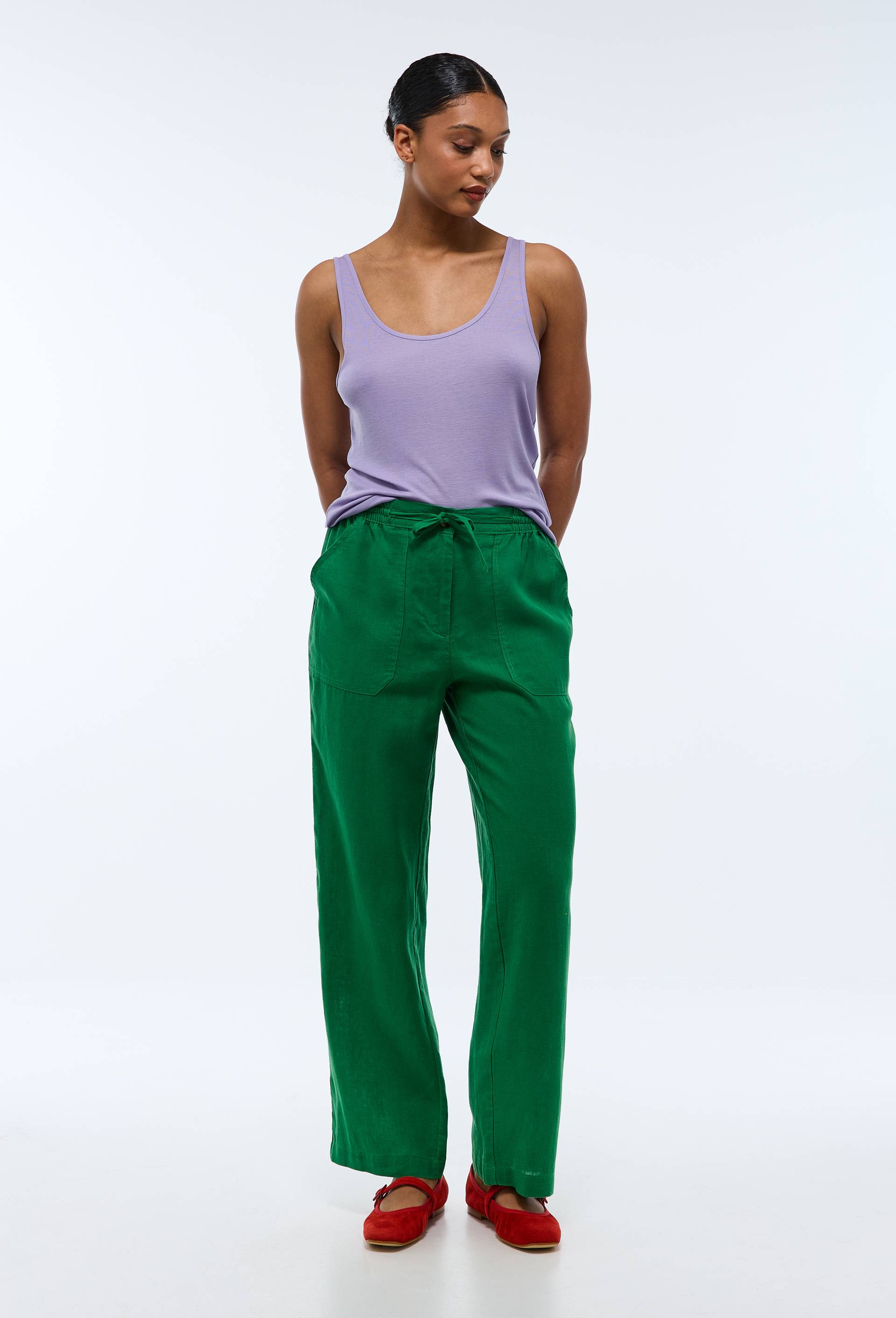 Pantalon taille semi-élastiquée uni en lin, Vert, swatch image