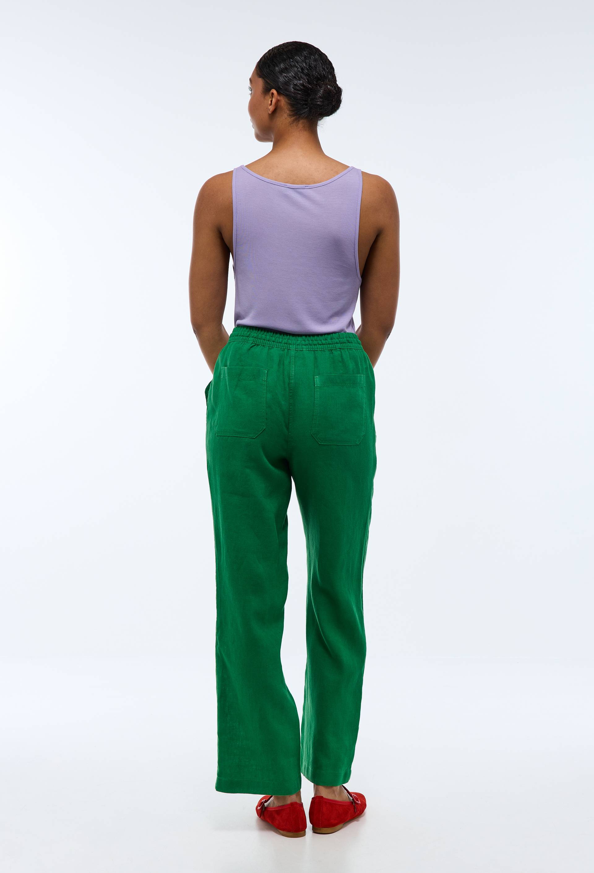 Pantalon taille semi-&eacute;lastiqu&eacute;e uni en lin, Vert, large image number 1