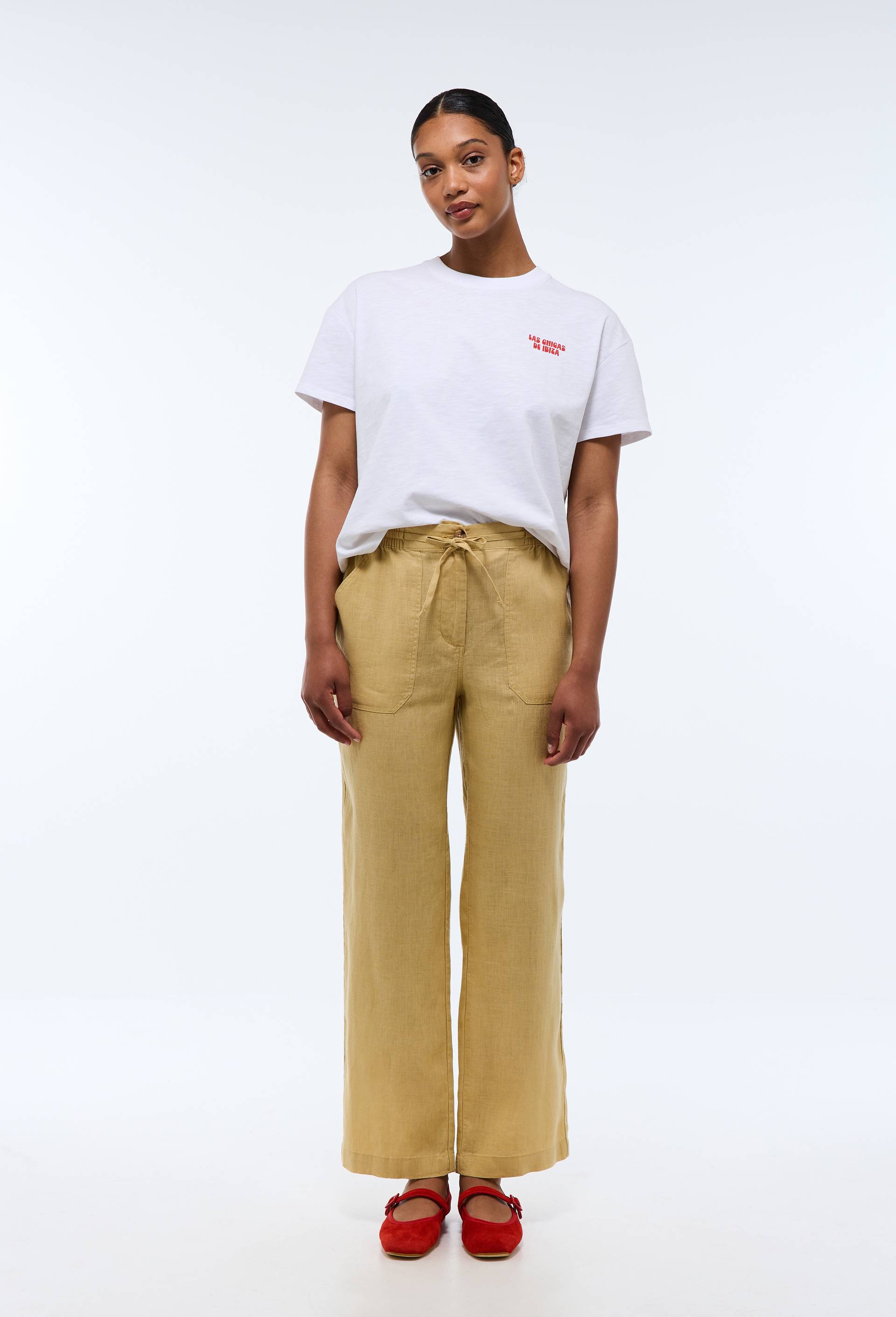 Pantalon taille semi-élastiquée uni en lin, Jaune clair, swatch image