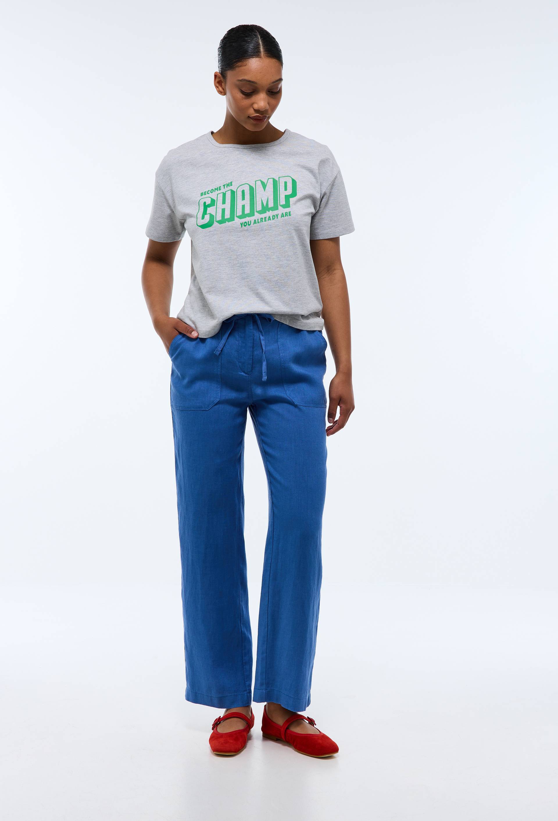 Pantalon taille semi-élastiquée uni en lin, BLEU, swatch image