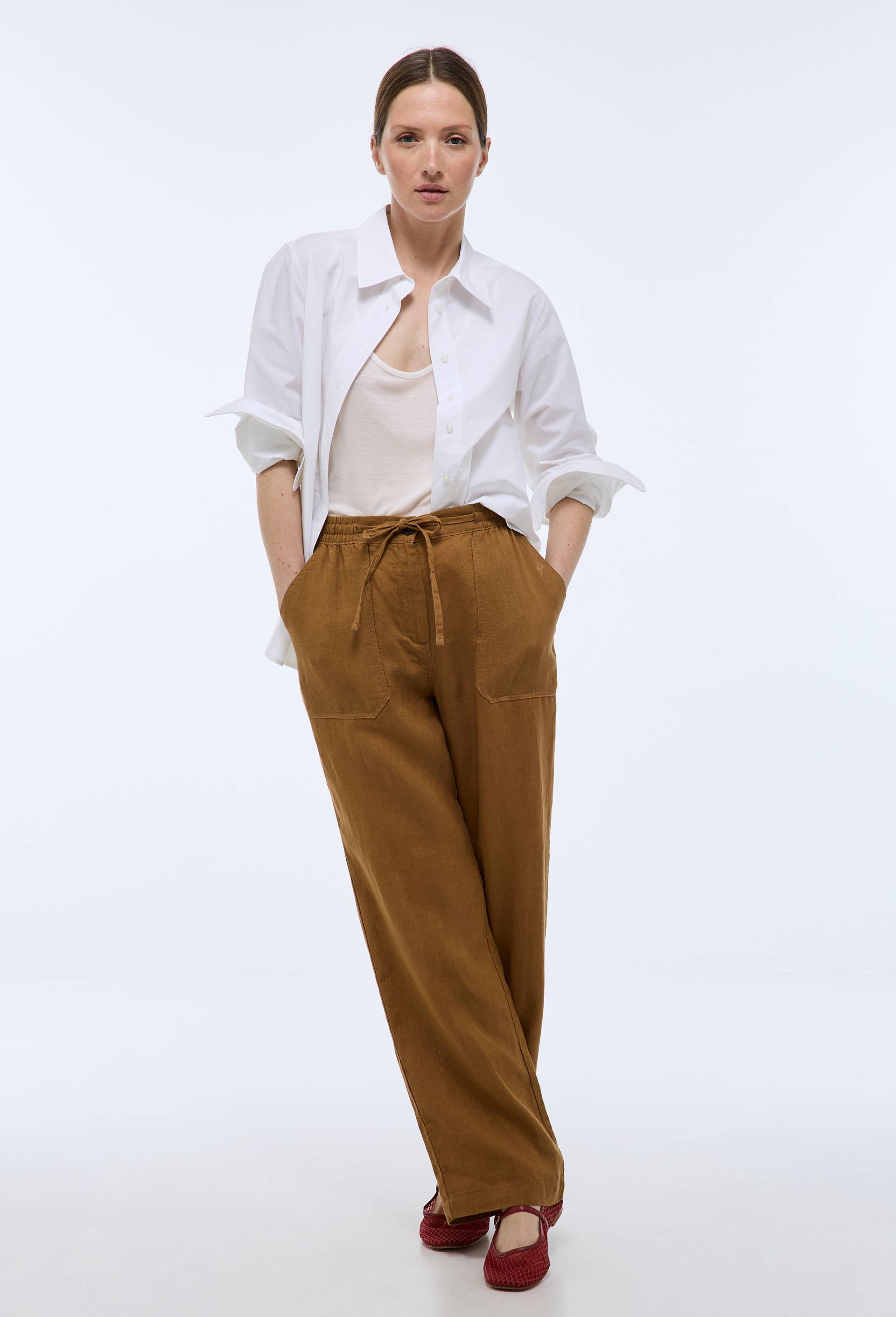Pantalon taille semi-élastiquée uni en lin, Or, swatch image