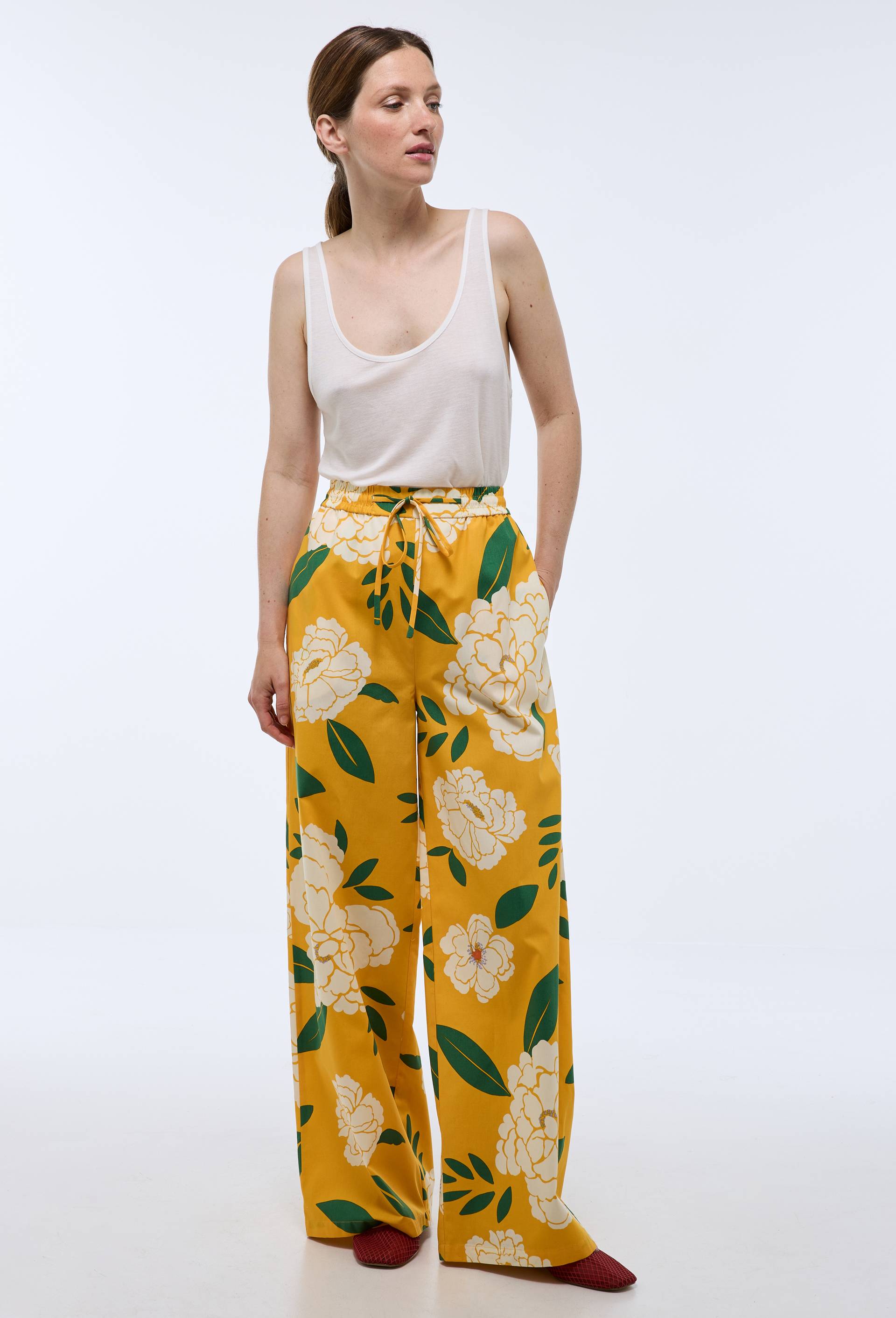 Pantalon large &agrave; motifs en coton, Jaune, large image number 0