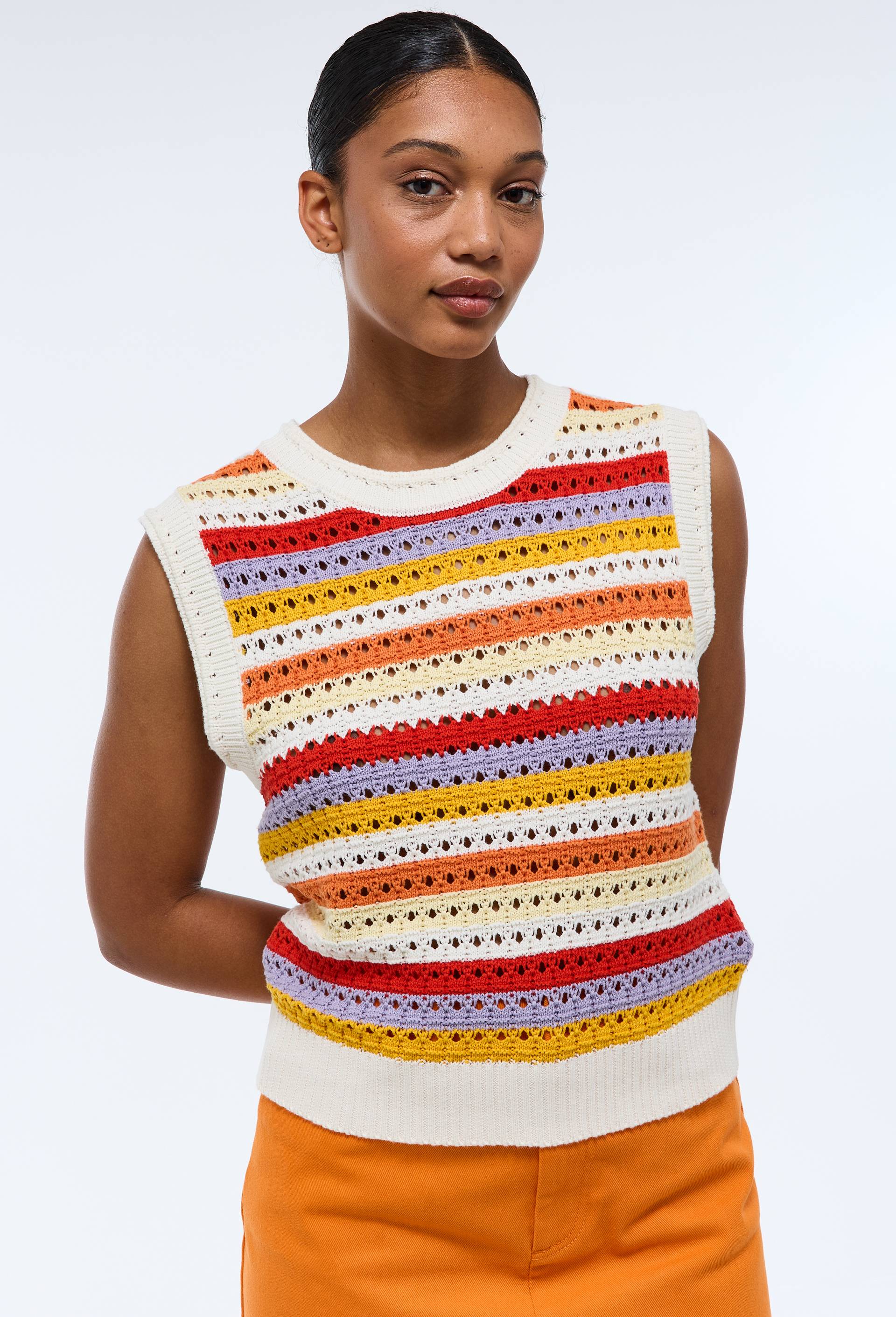 Top sans manche ray&eacute; en crochet BIO GOTS, Orange, large image number 1
