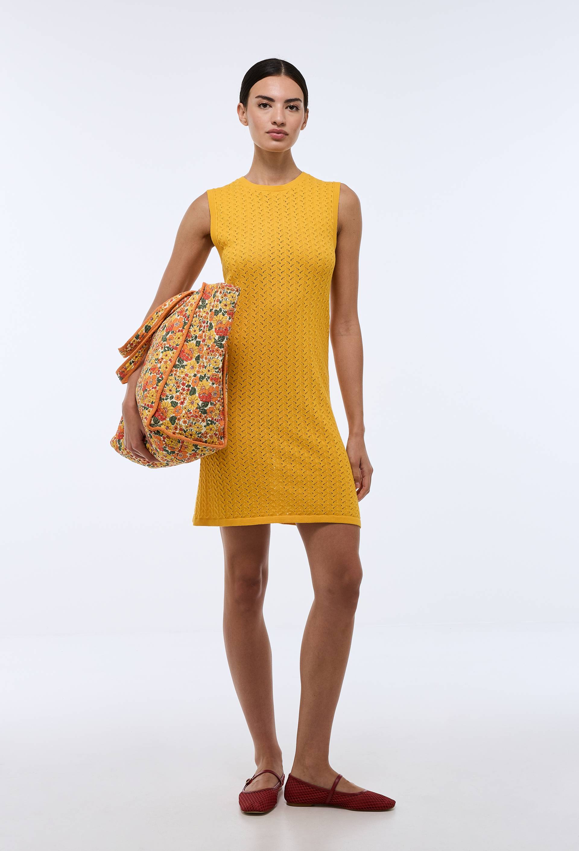 Robe en maille ajour&eacute;e unie en coton BIO GOTS, Jaune, large image number 0