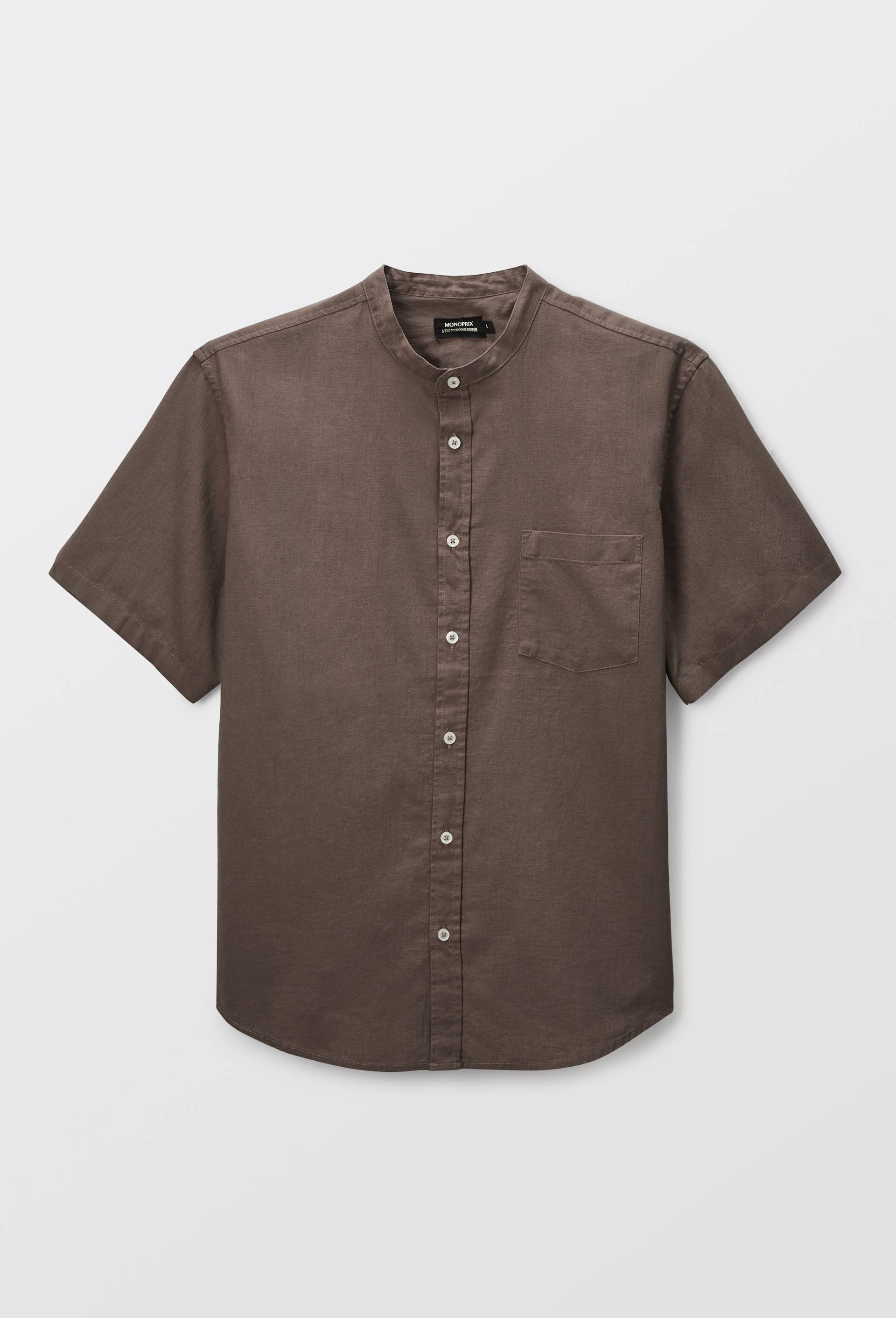 Chemise manches courtes col mao en lin, Brun clair, large image number 2