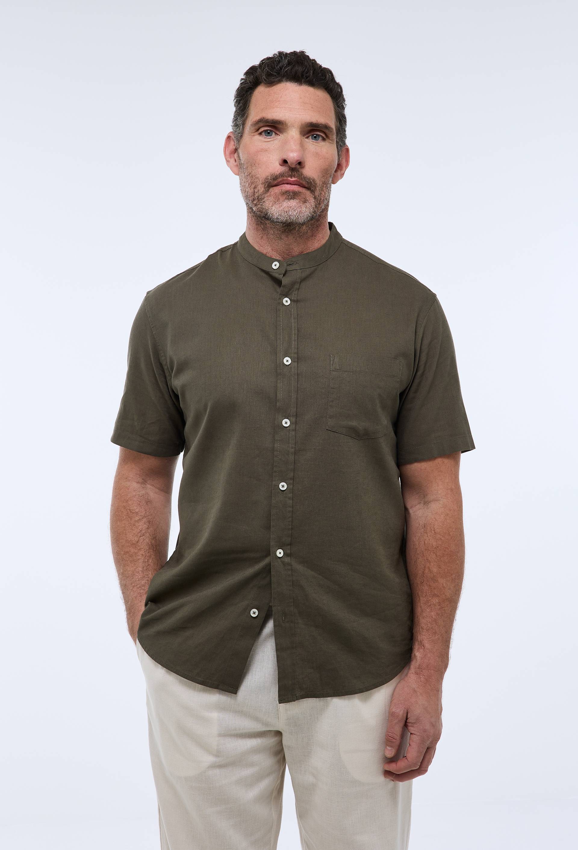 Chemise manches courtes col mao en lin BEIGE CLAIR pour homme MONOPRIX