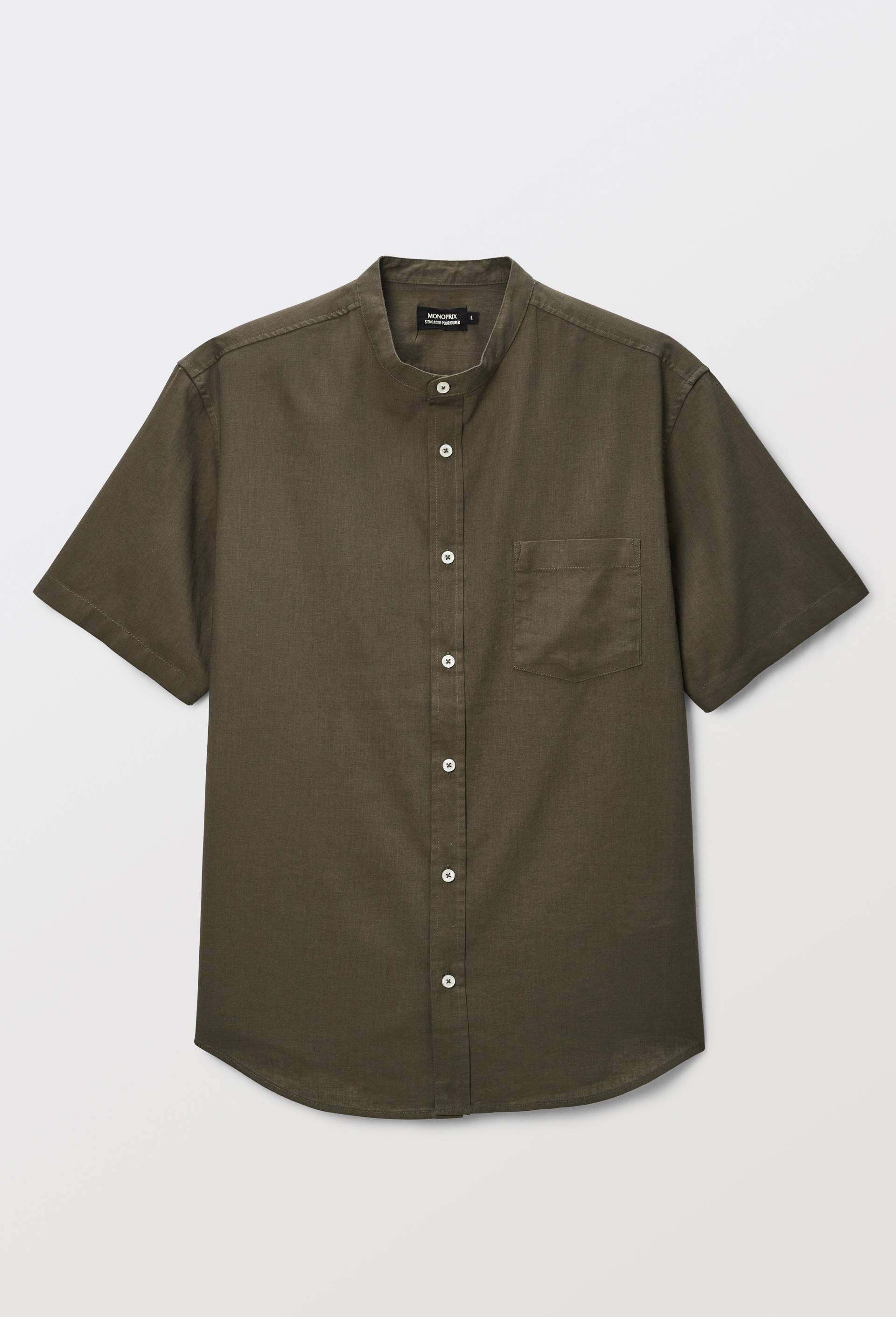 Chemise manches courtes col mao en lin, Vert fonc&eacute;, large image number 0